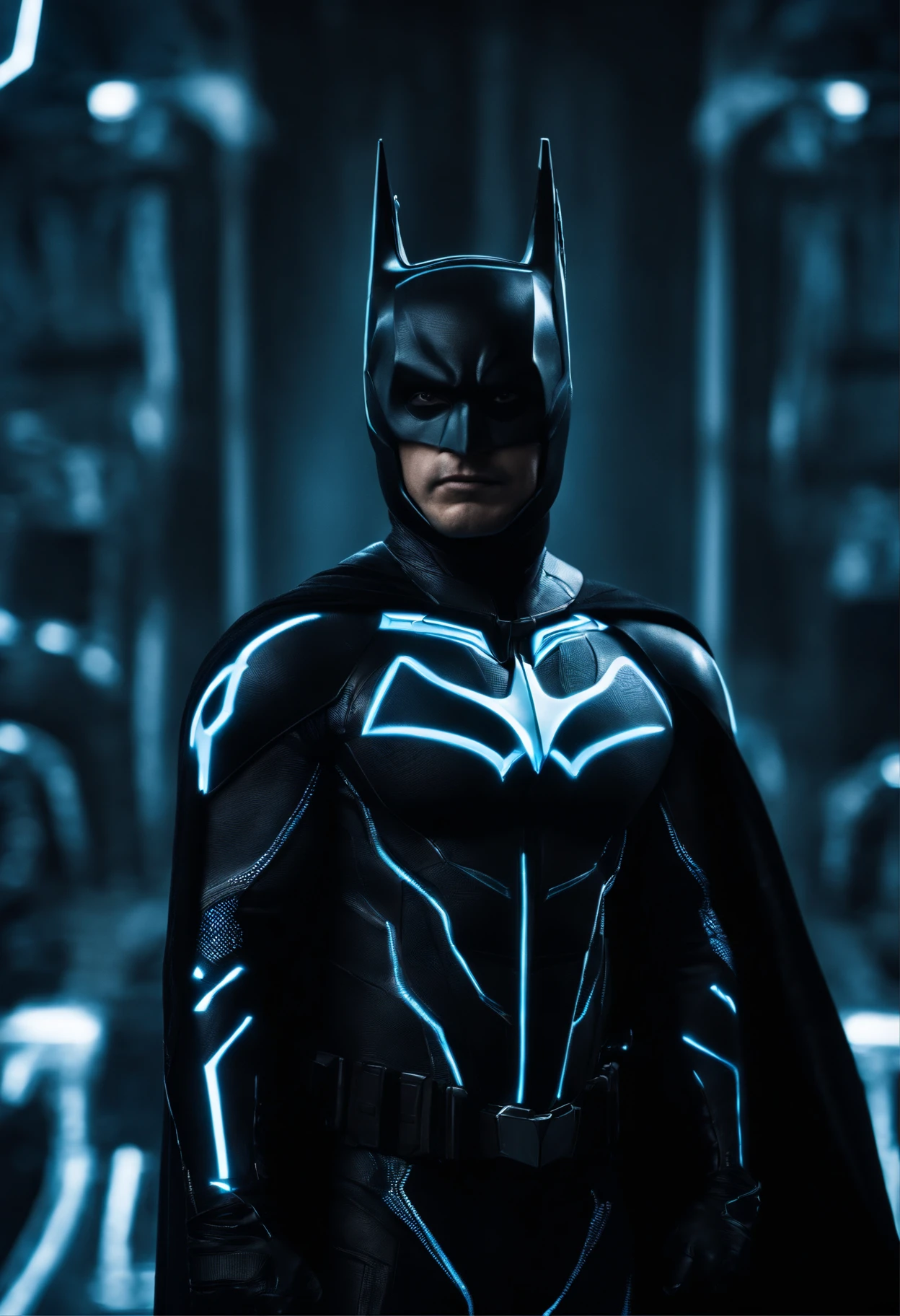 Tron Combined with Batman, tron legacy, battle pose, crystal clear image, intricate details, close up, battle scars, black and blue themed, simulation world, black and blue Cape