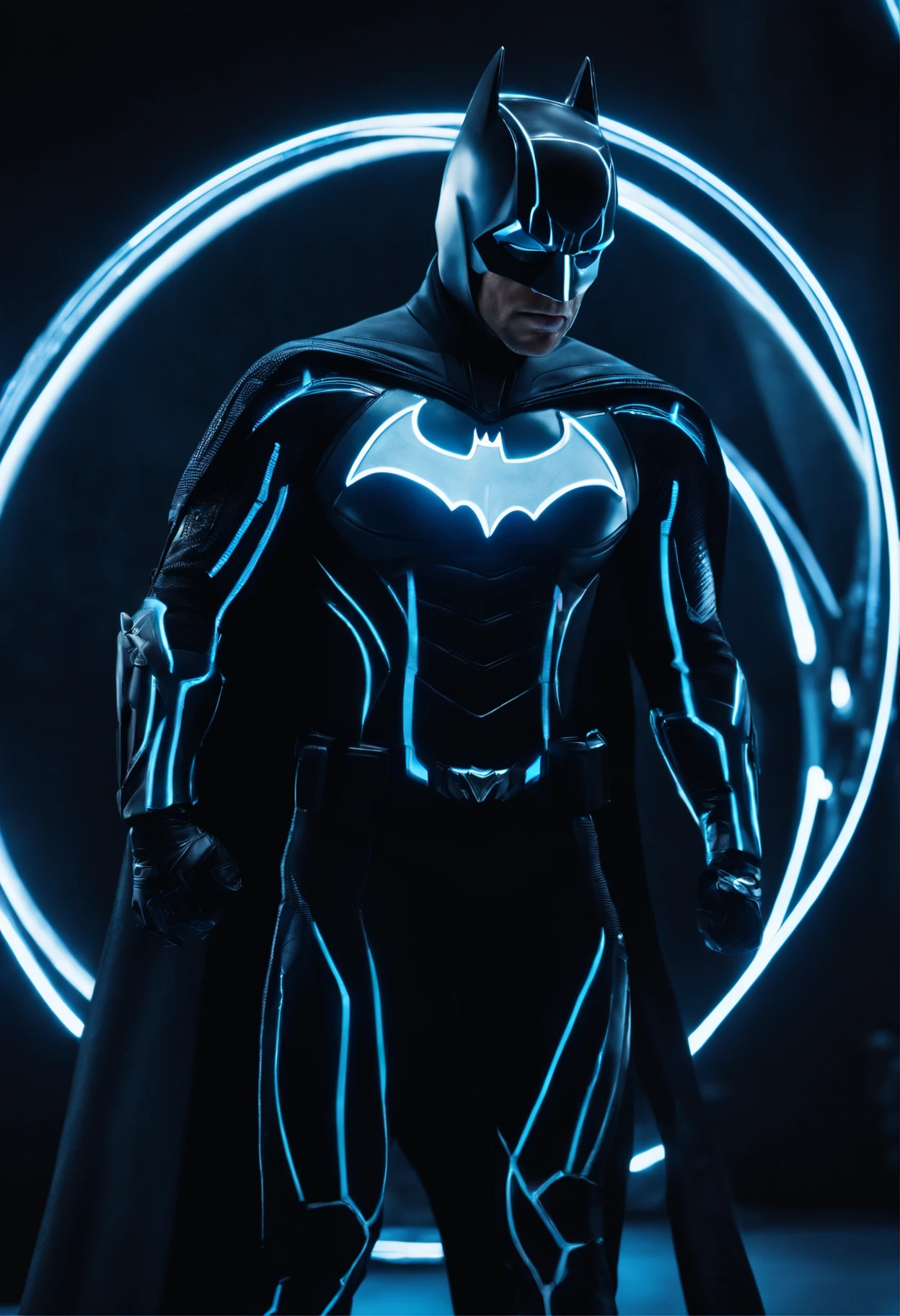 Tron Combined with Batman, tron legacy, battle pose, crystal clear image, intricate details, close up, battle scars, black and blue themed, simulation world, black and blue Cape