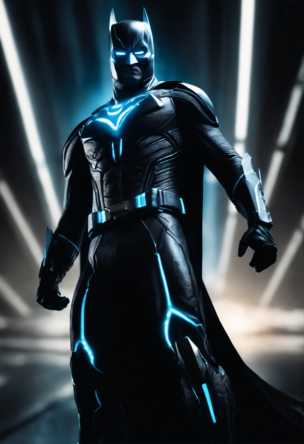 Tron Combined with Batman, tron legacy, battle pose, crystal clear image, intricate details, close up, battle scars, black and blue themed, simulation world, black and blue Cape