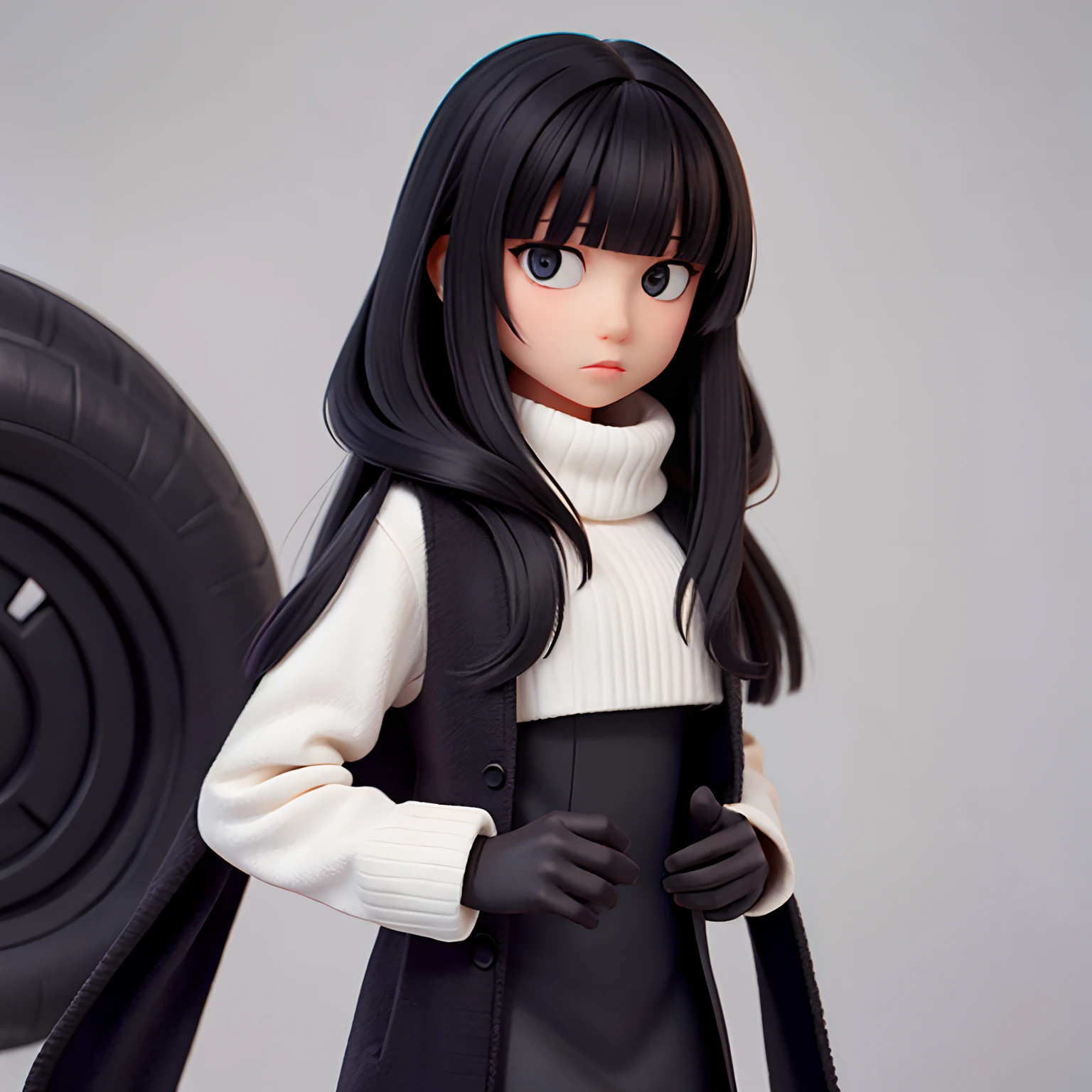  girl with black long hair with bangs wearing black overcoat and white turtleneck with big chest in gray background