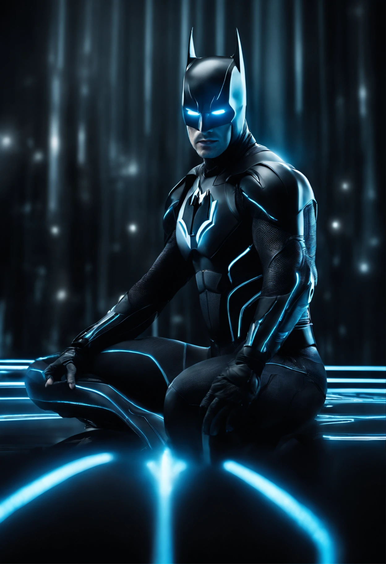 Tron Combined with Batman, tron legacy, battle pose, crystal clear image, intricate details, close up, battle scars, black and blue themed, simulation world