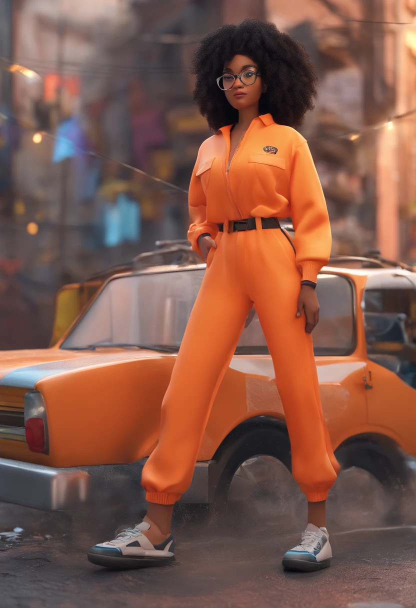 A white girl with black curly hair reaching her shoulders, his eyes are black, Her skin color is light, She wears prescription glasses, sorri, She's got an electric charge coming out of her hand, She's powerful She's dressed in an orange jumpsuit. Behind her is a slum.