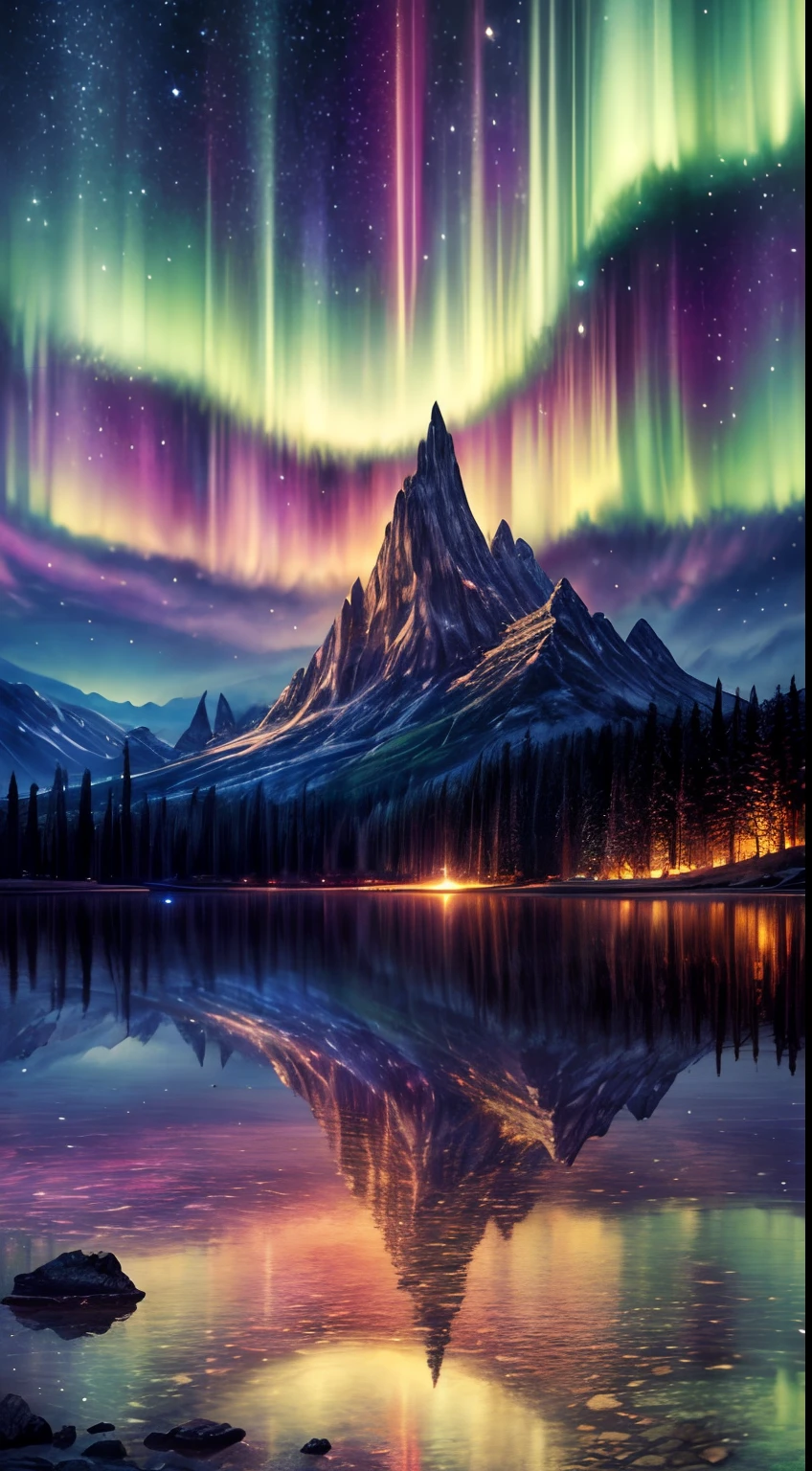 (Best quality,A high resolution,Masterpiece:1.2),Ultra-detailed,Realistic,extreme light, Vibrant colors, Breathtaking landscapes, Fascinating light, Ethereal atmosphere, Starry night, magical scenery, mysteriousbeauty, aurora borealis, Otherworldly, Supernatural, Celestial, Awe-inspiring, natural wonders, Captivating display, Surreal, Dreamlike, Artistry, Enchanting, Prior
