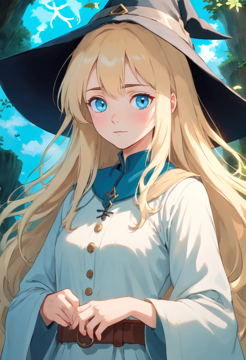 A -yeld wh girl with long wavy blonde hair and light blue eyes. She's secretly a witch.