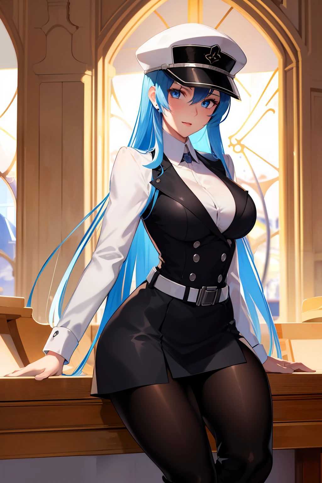 (masterpiece), (best quality),highres, ultra detailed, professional lighting, photography, esdeath, long hair ,blue hair, blue eyes, formal wear, blouse, peaked cap, thigh boots, black belt ,black dress, black tie,black pantyhose, looking at viewer, goddess, detailed background, gala party, glamor,