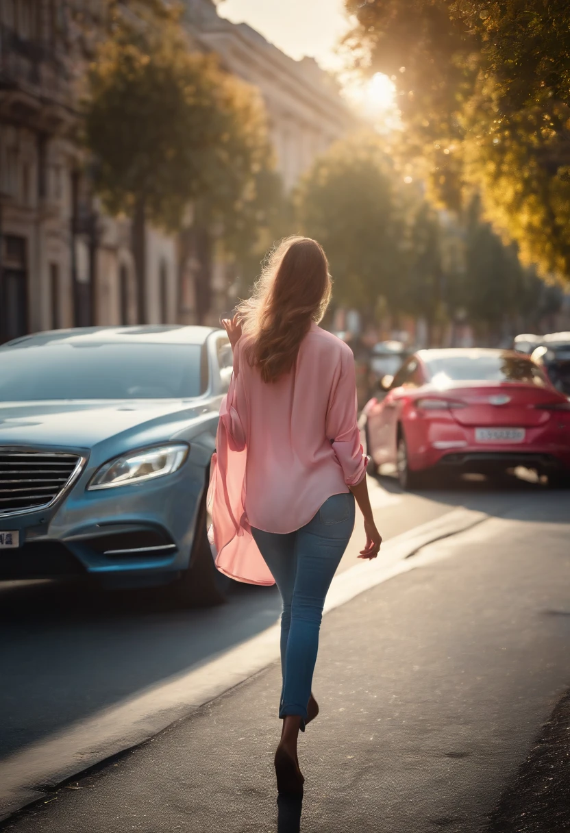 (best quality,4k,8k,highres,masterpiece:1.2),ultra-detailed,(realistic,photorealistic,photo-realistic:1.37),flowing vision,beautiful woman walking,street,pink shirt,faded blue jeans,sunlit,red car passing,sparkling world