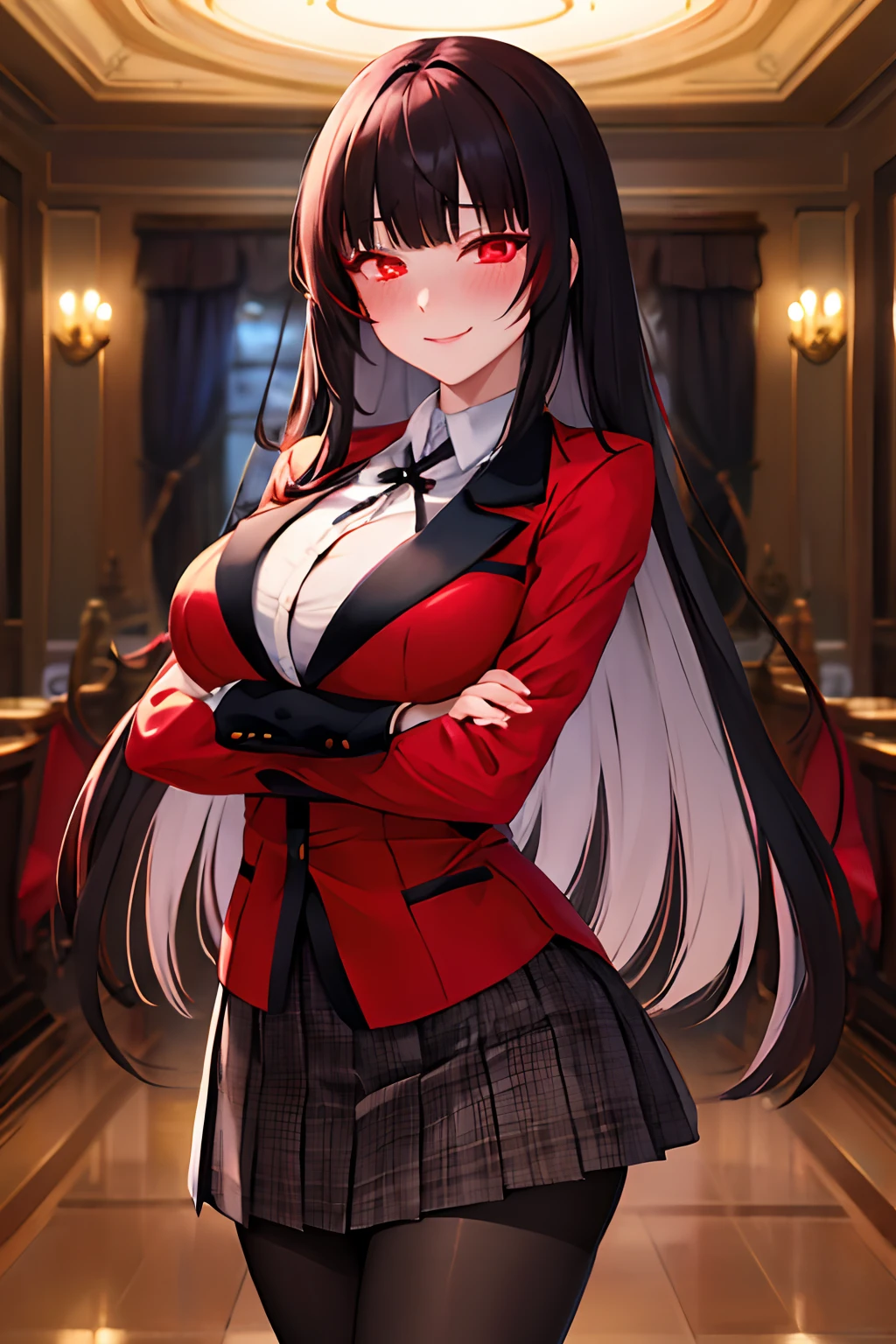 masterpiece, best quality, highres, hmjy1, long hair, blunt bangs, red eyes, school uniform, red jacket, blazer, pantyhose, white shirt, black ribbon, pleated skirt, cowboy shot, indoors, casino, crossed arms, glowing eyes, evil smile, blush