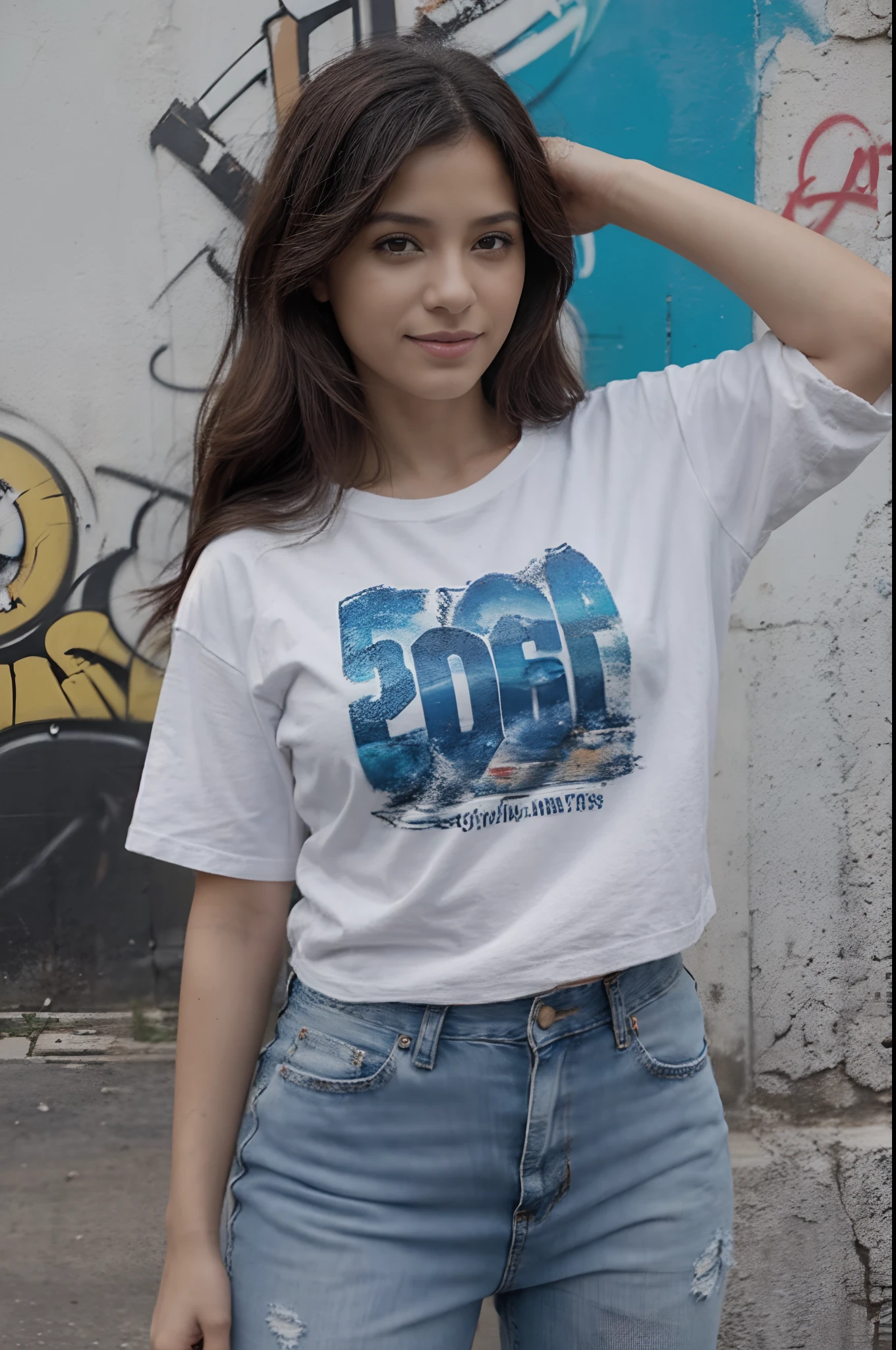 Mujer latina, 30 yrs old, Cabello largo rubio, ojos color miel, sonriendo, con manos y dedos perfectos, vestida con una falda de blue jean, una camiseta blanca, una chaqueta de blue jean, en la calle, Posing for the camera standing, de fondo una pared llena de grafitis coloridos