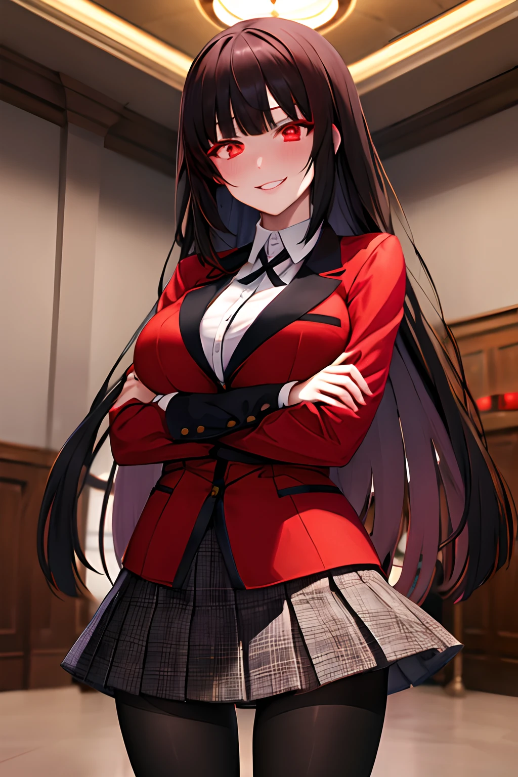 masterpiece, best quality, highres, hmjy1, long hair, blunt bangs, red eyes, school uniform, red jacket, blazer, pantyhose, white shirt, black ribbon, pleated skirt, cowboy shot, indoors, casino, crossed arms, glowing eyes, evil smile, blush