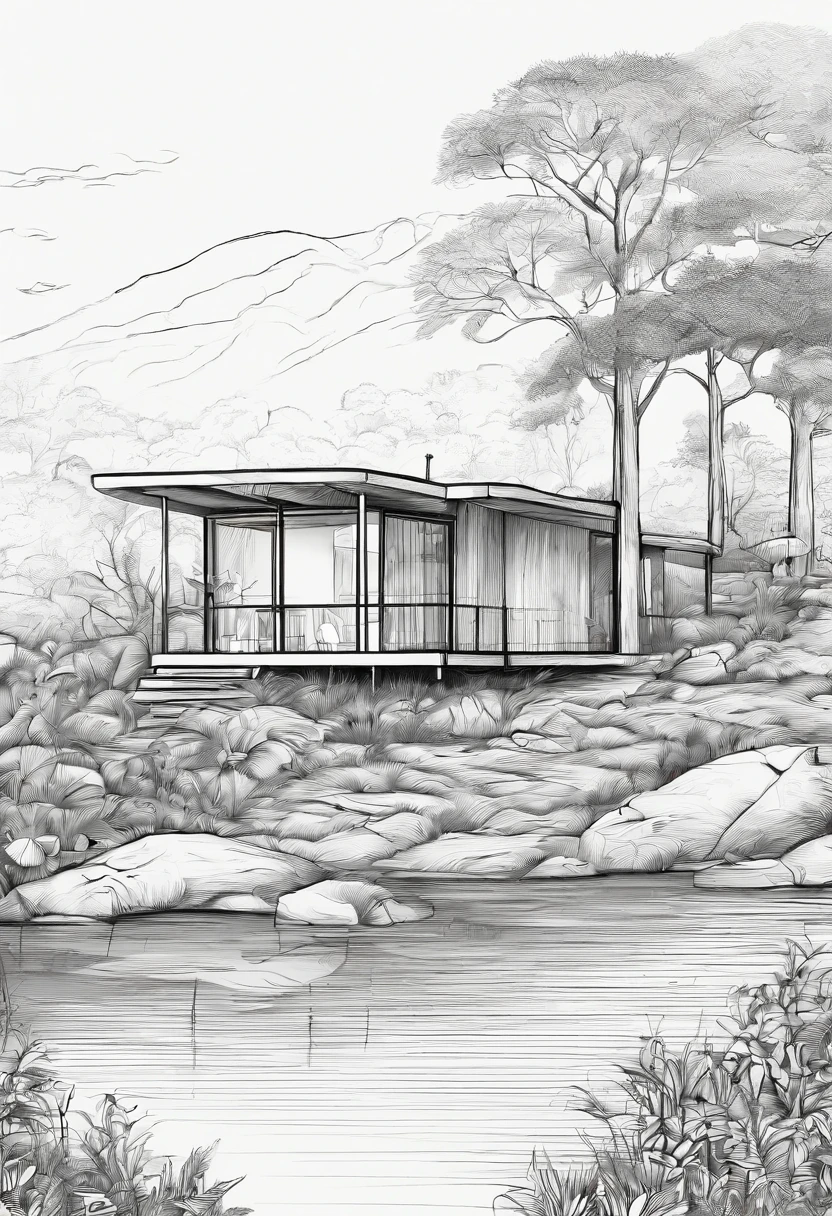 desenho de uma casa de campo em um terreno com um rio na frente com uma canoa no meio da floresta, Pencil drawing, grafite, handmade, desenho