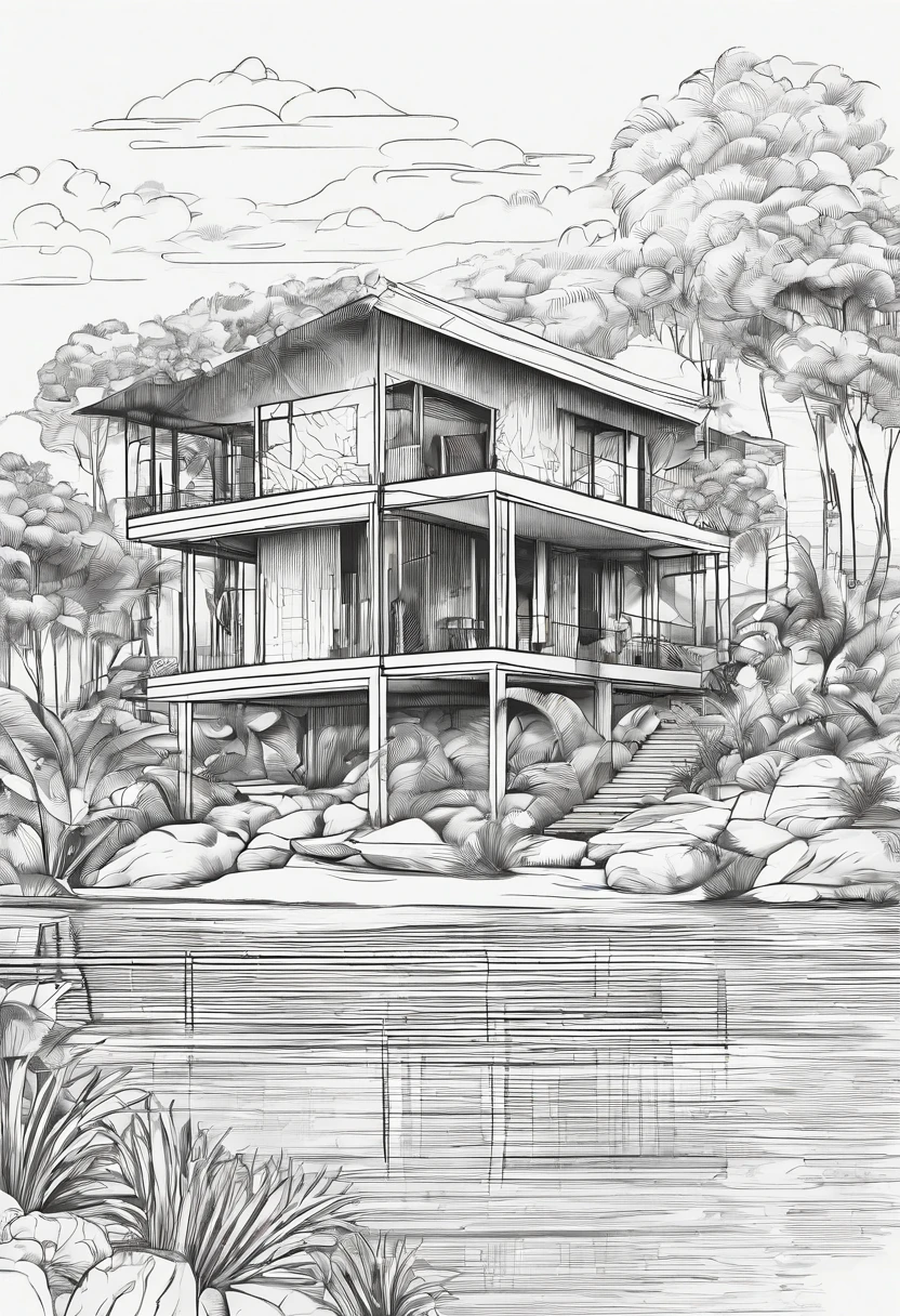 desenho de uma casa de campo em um terreno com um rio na frente com uma canoa no meio da floresta, Pencil drawing, grafite, handmade, desenho