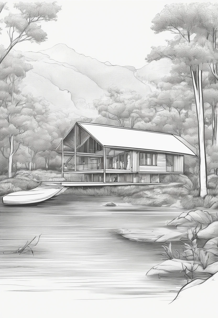desenho de uma casa de campo em um terreno com um rio na frente com uma canoa no meio da floresta, Pencil drawing, grafite, handmade, desenho