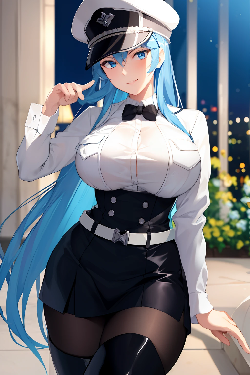 (masterpiece), (best quality),highres, ultra detailed, professional lighting, photography, esdeath, long hair ,blue hair, blue eyes, formal wear, blouse, peaked cap, thigh boots, black belt ,black dress, black tie,black pantyhose, looking at viewer, goddess, detailed background, gala party, glamor,