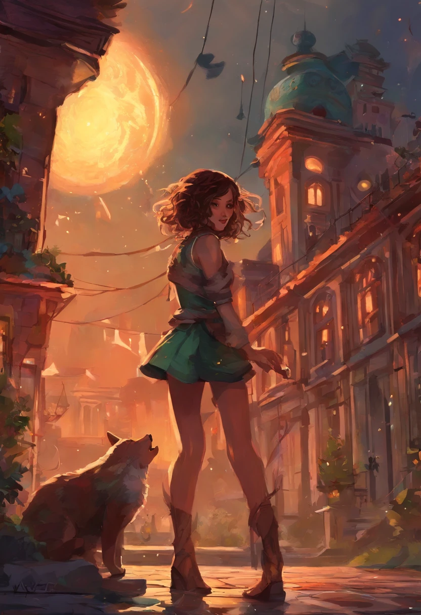 Uma menina que tem cabelo curto com mechas negras, dente avantajado , usa um vestido vermelho, Dancing along with a boy of average height, de pele clara e corpo magro, um tanto musculoso,tem olhos castanhos, sobrancelhas grossas e nariz fino, com cabelo espetado com cinco fios espetados pra cima e preto, camisa verde, shorts preto e sapatos marrons, In the shower on top of a building on a night full of meteors