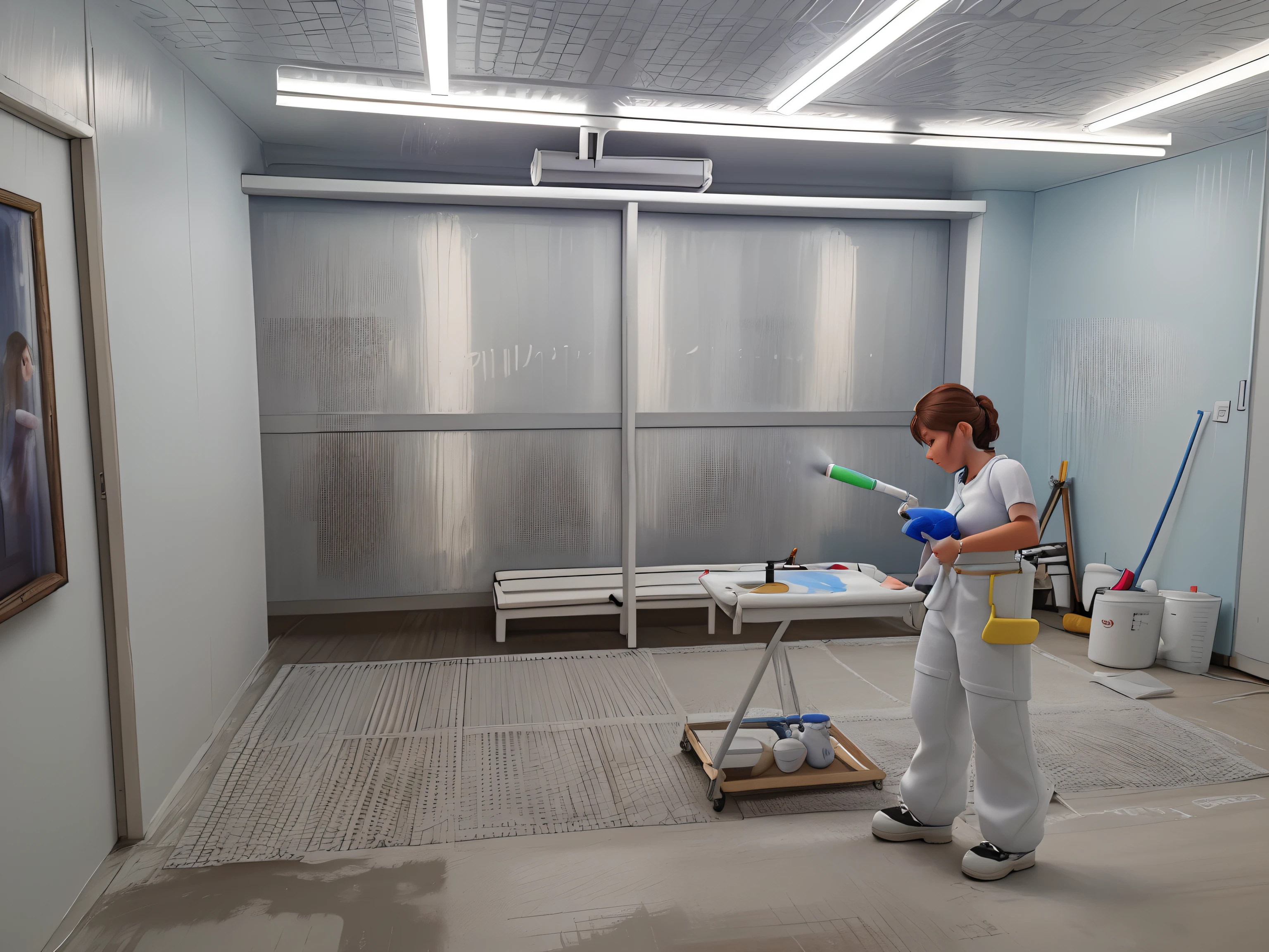 Woman in a white uniform painting a room with a spray gun, spraying liquid, oficina colorida de parede branca, pintura de alta qualidade, Pintura, Pintura, Pintura mate 8k, Physical painting, trabalho com pincel, pintura profissional, small chamber. hiper-realista, glazing, Doendo, Airbrushed, airbrush painted, a pintura ganha vida