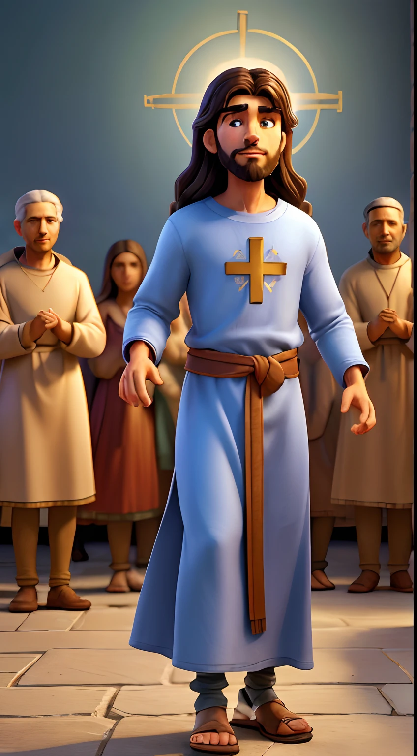 A man,Jesus Christ, with outstretched hands, welcoming and kindly looking at a group of people approaching him,illustration,oil painting,highly detailed hands,meaningful expressions,facial details emphasized,human figures,portraits,religious,hope,divine light,vibrant colors,glowing halo,emotional,peaceful ambiance,best quality,masterpiece:1.2,ultra-detailed,holy,spiritual,transcendent,heavenly,people drawn with love,realistic:1.37,strong emotions revealed,divine encounter,sincere interactions,warmth and compassion,serene background,soft lighting,expressive eyes,subtle brushstrokes,shadow and highlights,rich textures