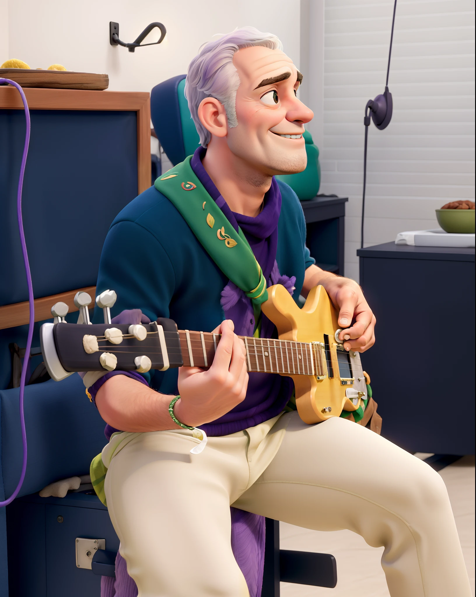 Obra-prima, de melhor qualidade, um homem , wearing a purple coat and green scarf, tocando baixo