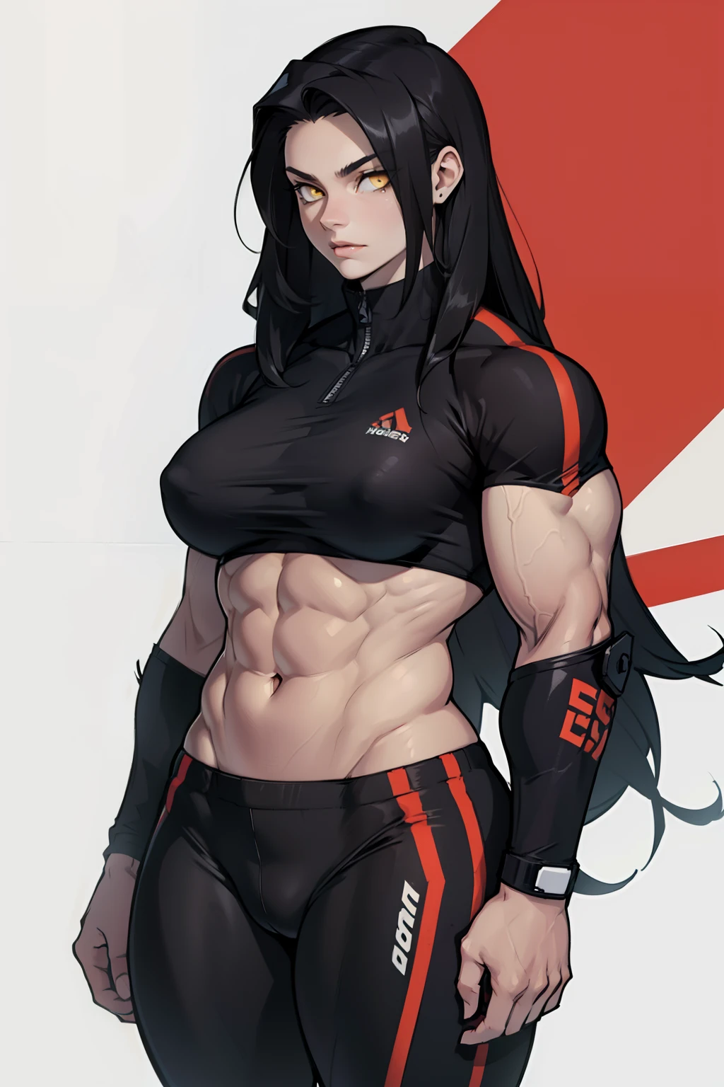 ((((muscular 1 girl)))), huge breasts, toned body, black hair, pale skin, yellow eyes, very long hair,