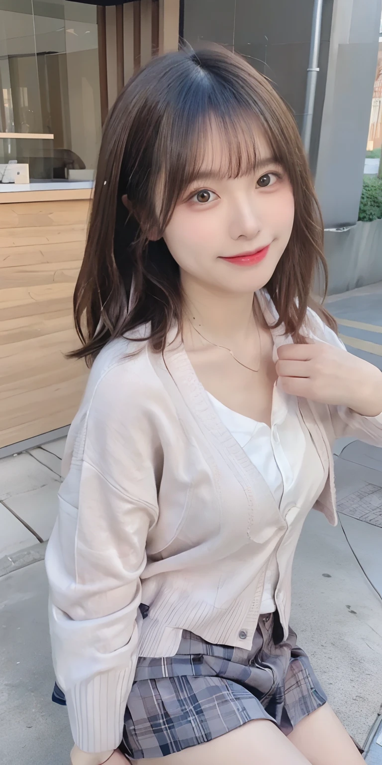 masutepiece, Best Quality, 
Ultra-detailed, finely detail, hight resolution, in 8K,
((Photorealsitic:1.4, Raw photography, 超A high resolution,Top image quality: 1.4)),
Wallpaper, 
((Perfect whole body configuration1.5)), 
Beautiful detailed eyes, Natural Color Lip,
((a serene smile:1.5)),
((Random and cute hairstyles)), 
((fullnude:1.5)),
((large full breasts、cleavage of the breast:1.2)),
((Wear a cardigan with an open chest:1.5)),((Plaid micro mini skirt:1.5)),
((from the front side:1.5)),
((breastsout、under look eyes、breastsout、Mole on the arm:0.9)),
((fold hands behind:1.5)),
((Random blurry background)),
((Random and cute facial expressions)),, 
((1人の女性:1.5))
very detailed and professional lighting、
((Random and cute facial expressions:1.5))、
((thigh visible:1.5))