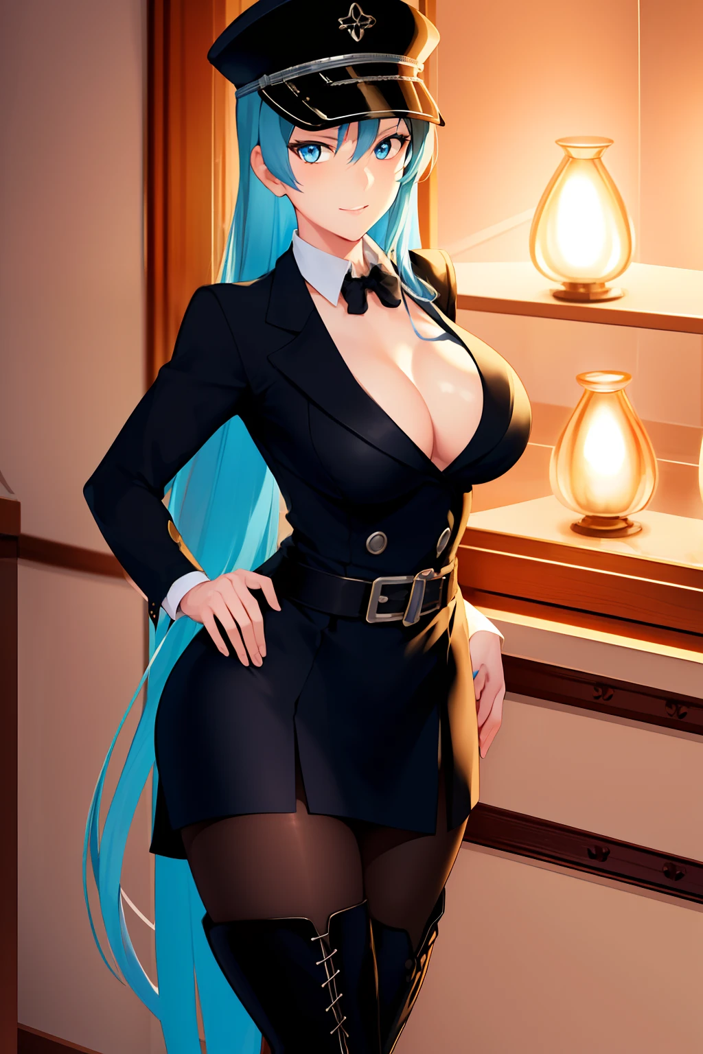 (masterpiece), (best quality),highres, ultra detailed, professional lighting, photography, esdeath, long hair ,blue hair, blue eyes, formal wear, blouse, peaked cap, thigh boots, black belt ,black dress, black tie,black pantyhose, looking at viewer, goddess, detailed background, gala party, glamor,