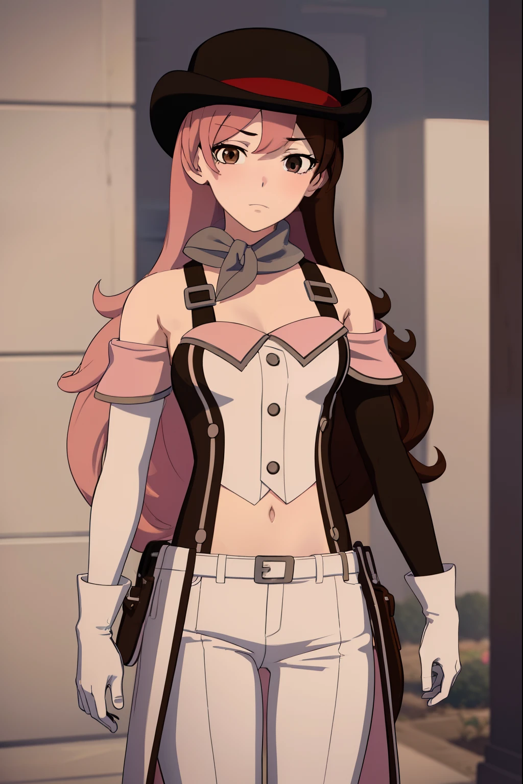 neopolitan, neopolitan, Long hair, Brown hair, (Brown eyes:1.3), Pink hair, multicolored hair, Pink eyes, Two-tone hair, (Heterochromia:1.2), split-colored hair,
BREAK gloves, hat, Navel, Brown eyes, Detached sleeves, Midriff, Belt bag, Pants, White Gloves, black headwear, Bowler has,
BREAK outdoors,
BREAK looking at viewer, (Cowboy Shot:1.5),
BREAK (masutepiece:1.2), Best Quality, High resolution, Unity 8k壁纸, (Illustration:0.8), (Beautiful detailed eyes:1.6), extra detailed face, Perfect Lighting, extremely details CG, (Perfect hands, Perfect Anatomy),