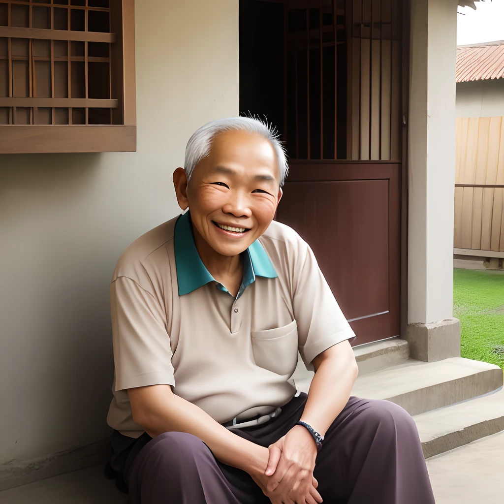 Indonesia old male sitting and smile, outside house, morning, summer