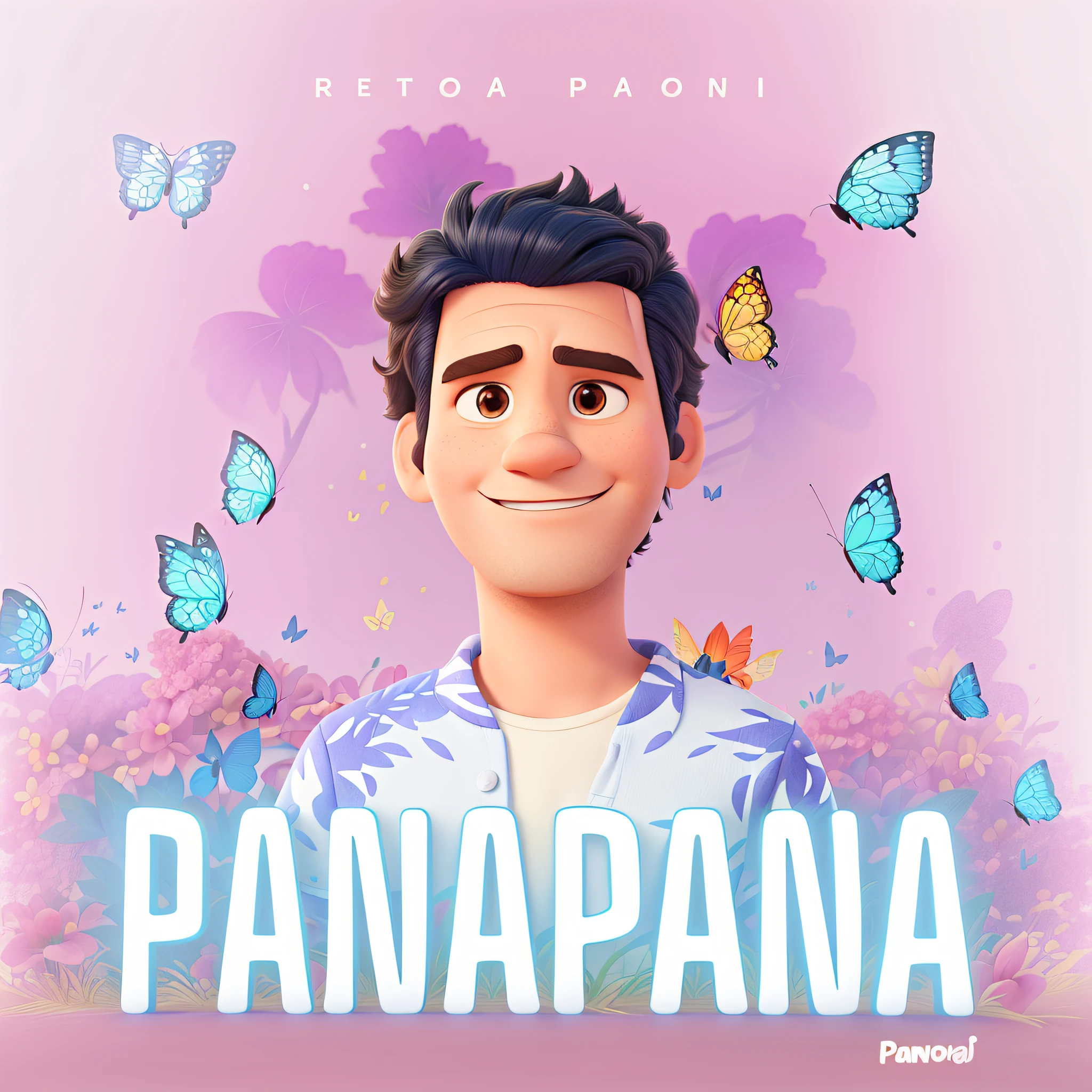 Homem estilo pixar, com olhar pixado, uma blusa estampada estilo fogo estilizado, com borboletas ao redor, cabelo preto, and making butterflies with their hands and with the title on the front written  "panapaná" em azul neon