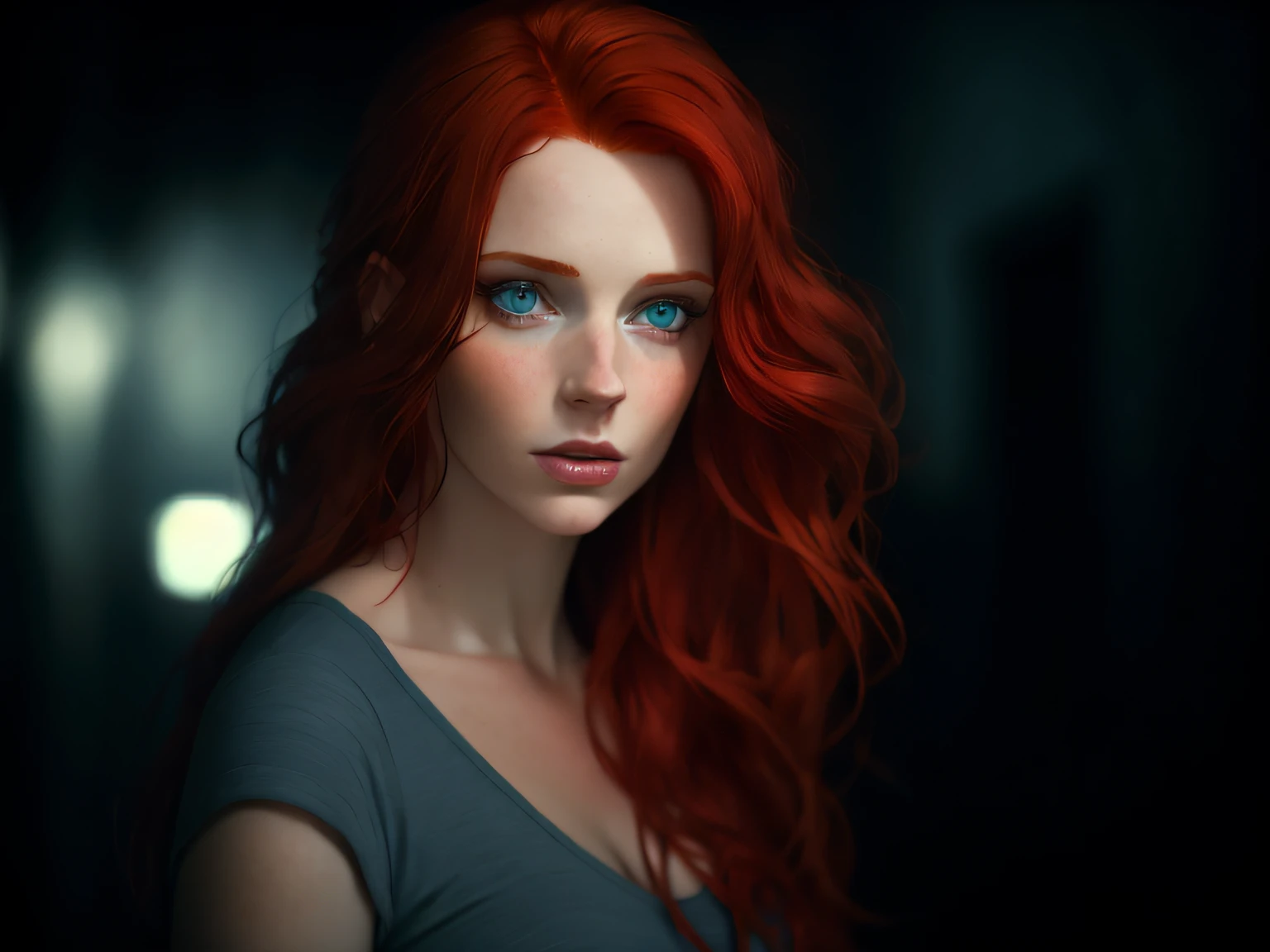 Cinematic photo, 1girl, long red hair, blue eyes, crying, back to back with, 1guy, tall, short dark hair, grey blank eyes.