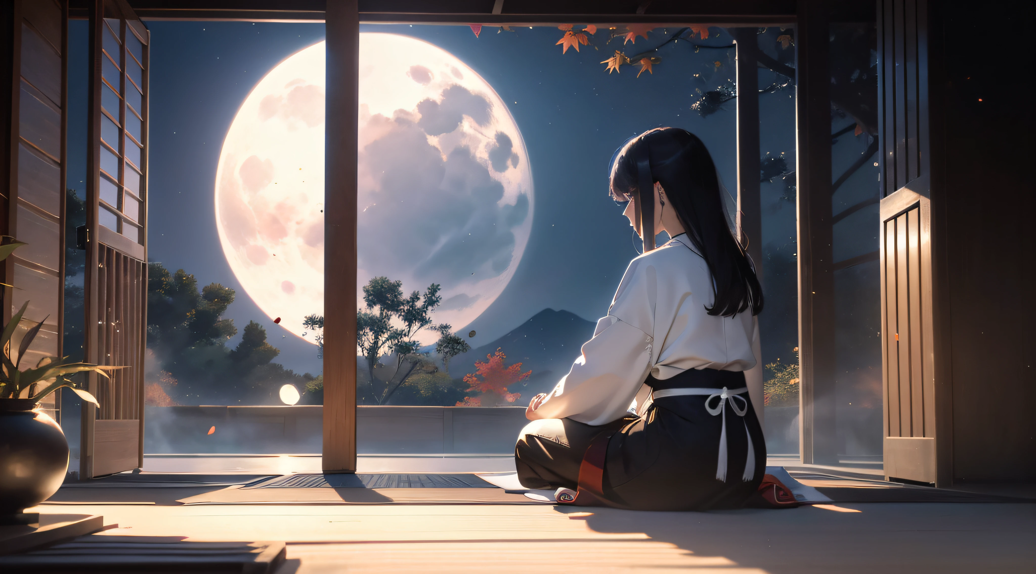 ((A beautiful woman sitting in zazen meditation in the corridor of a temple hall, looking at the black-and-white garden of karesansui (dry landscape garden) and the colors of the autumn leaves, which appear to be lit by the moon)):1.9、Highly detailed background，Realistic，ultra-detailliert，super detailed skin，light glow，Film grain，Expro II，Lens Flare，Sharpen，cinematic shadow
