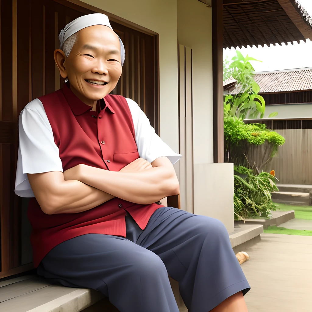 Indonesia old male sitting and smile, outside house, morning, summer