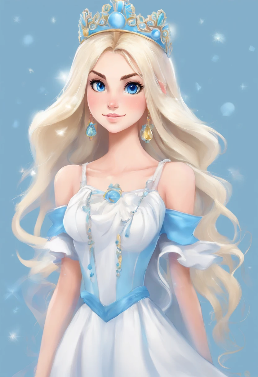 Une fille de 18 ans, Straight hair very long blonde, yeux bleu claire, robe blanche, looks like a ghost, porte une couronne.