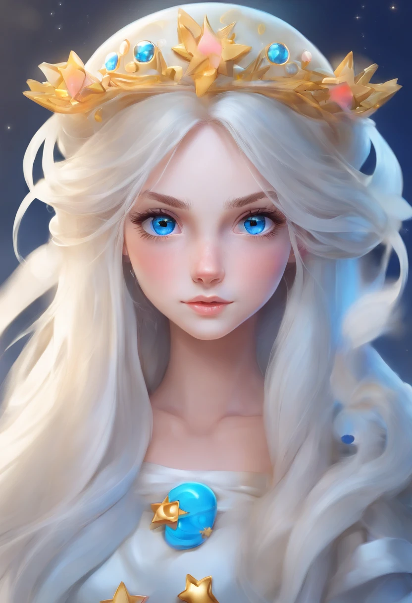 Une fille de 18 ans, Straight hair very long blonde, yeux bleu claire, robe blanche, looks like a ghost, porte une couronne.