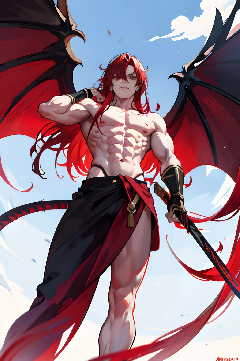 demon king，male，full bodyesbian，Strong，of a shirtless，holding a longsword，Huge black wings，Long tail，Bare topless，Muscular，Long red hair draper，(((from below)))