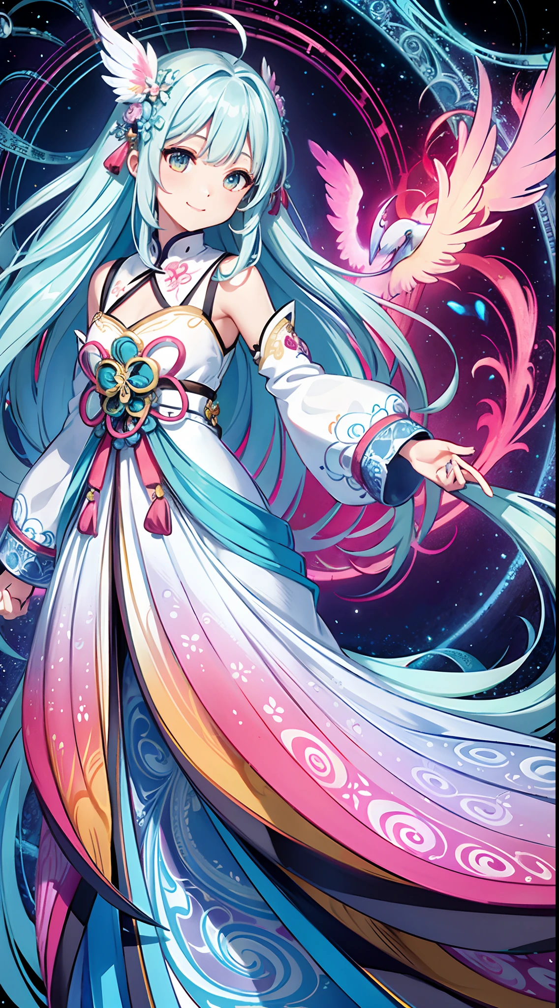 (masterpiece、top-quality、top-quality、Official art、Beautifully Aesthetic:1.2)、(1girl in:1.3)Light blue long hair、Twin-tailed、adorable smiling、ighly detailed、(Fractal Art:1.1)、(colourfull:1.1)(florals:1.3)、highestdetailed、(Zentangle:1.2)、(dynamicposes)、(Abstract background:1.3)、(shinny skin)、(Many colors:1.4)、、(耳Nipple Ring)、(pluma:1.5)、White background、Phoenix dress、