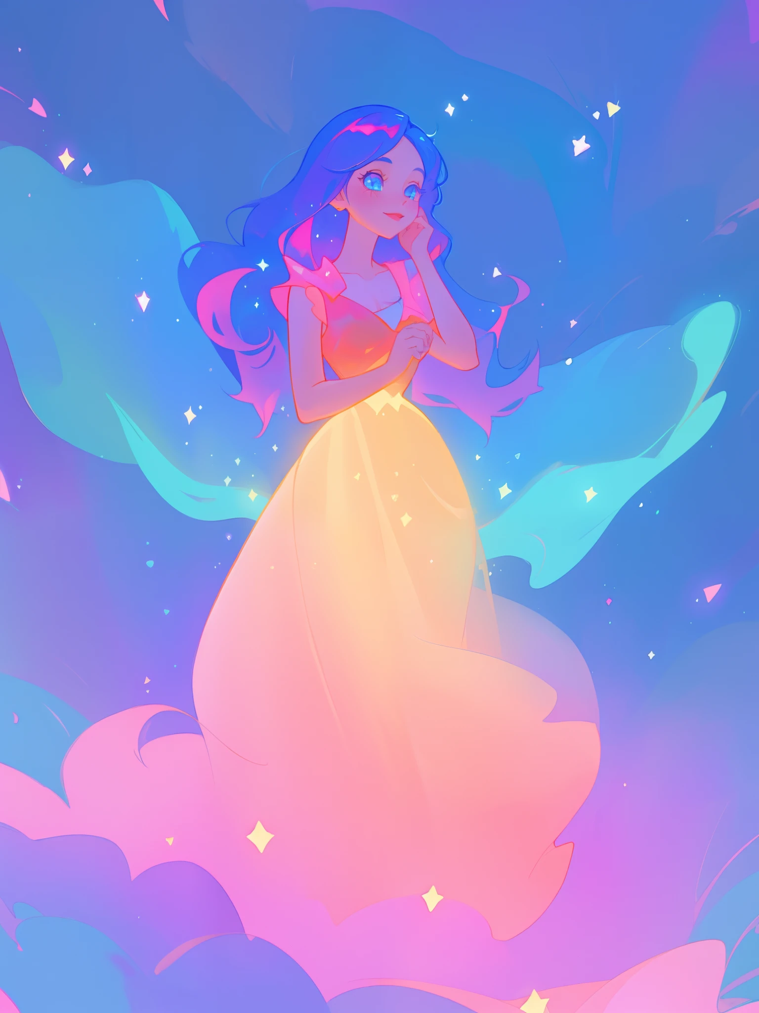 beautiful anime girl in colorful shimmering layered ballgown, sparkling dress, vibrant pastel colors, (colorful), magical lights, sparkling lights, inspired by Glen Keane, inspired by Lois van Baarle, disney art style, by Lois van Baarle, glowing aura around her, by Glen Keane, jen bartel, glowing lights! digital painting, flowing glowing hair, glowing flowing hair, beautiful digital illustration, fantasia background, whimsical, magical, fantasy, beautiful face, ((masterpiece, best quality)), intricate details, highly detailed, sharp focus, 8k resolution, sparkling detailed eyes, liquid watercolor