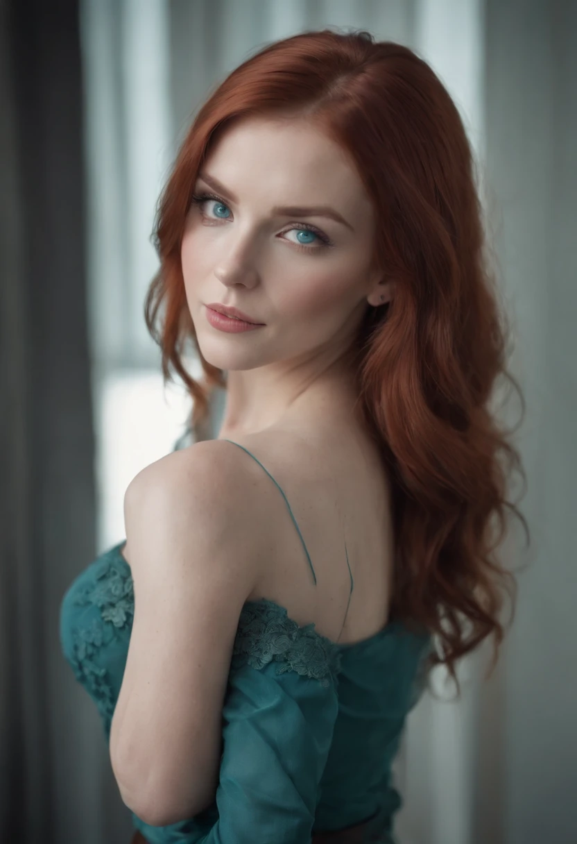 an attractive woman with blue eyes and red hair, in the style of dark teal and light teal, scoutcore, studio light, busty --ar 3:4