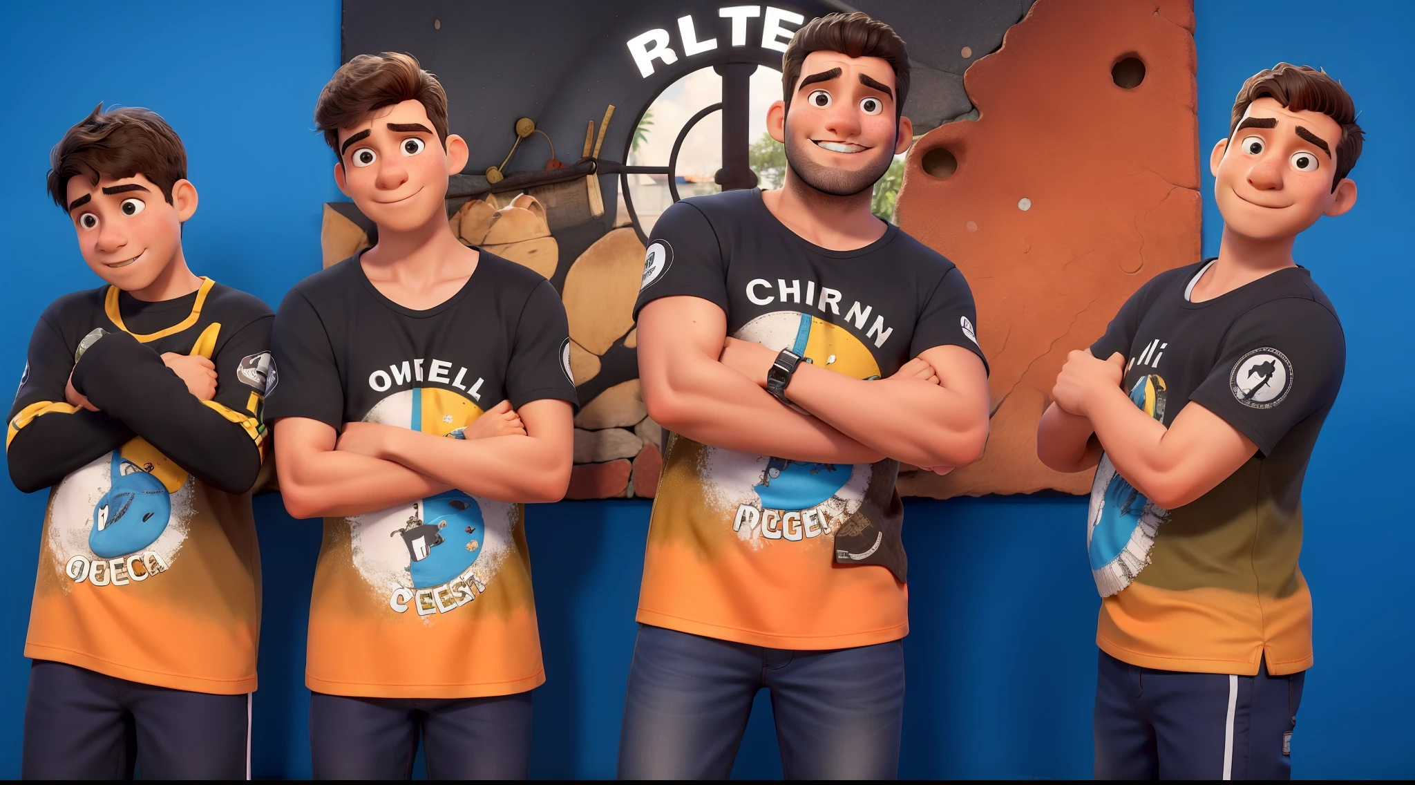 Obra-prima, de melhor qualidade, quatro meninos, com camiseta escolar