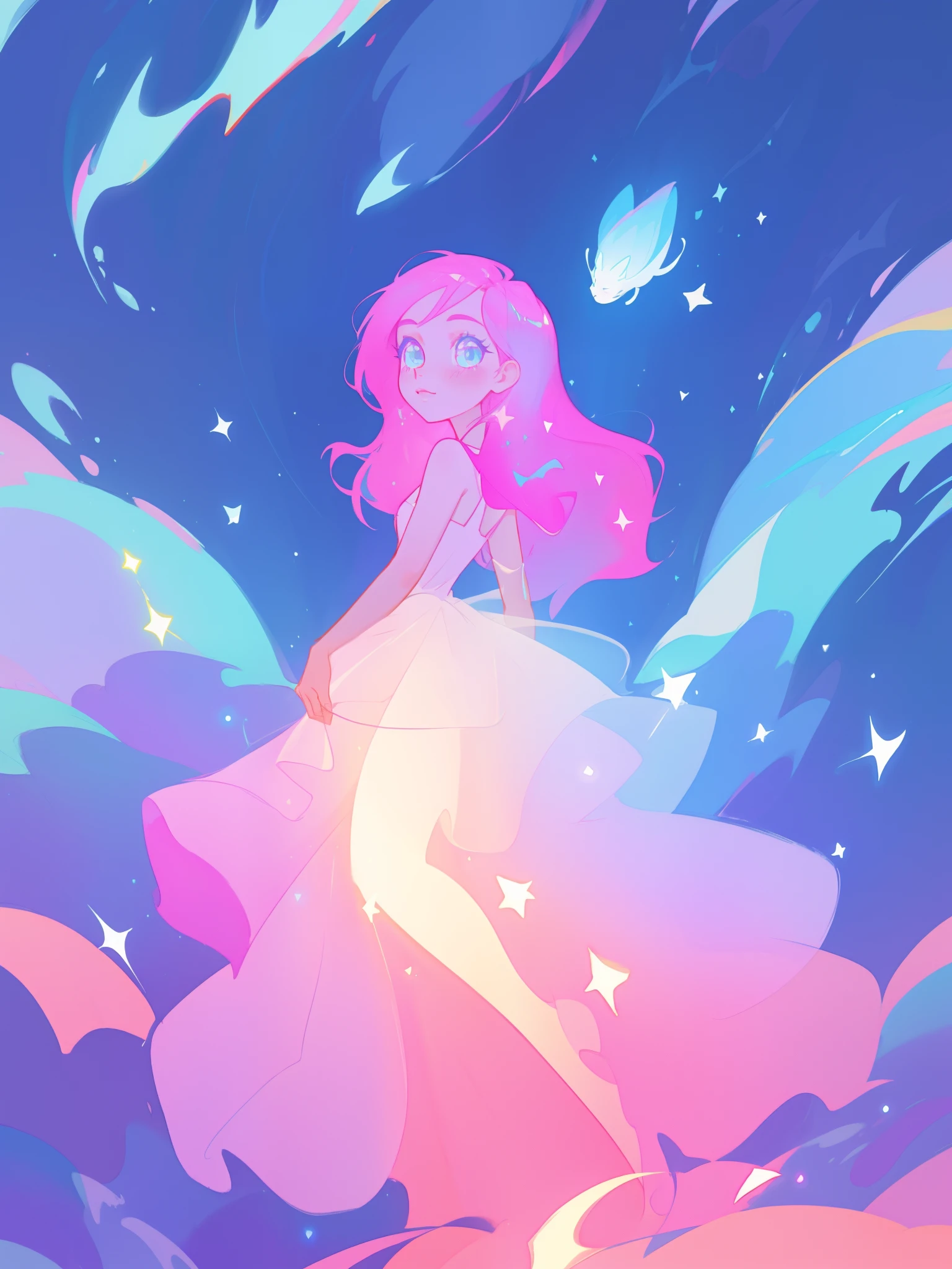beautiful anime girl in colorful shimmering layered ballgown, sparkling dress, vibrant pastel colors, (colorful), magical lights, sparkling lights, inspired by Glen Keane, inspired by Lois van Baarle, disney art style, by Lois van Baarle, glowing aura around her, by Glen Keane, jen bartel, glowing lights! digital painting, flowing glowing hair, glowing flowing hair, beautiful digital illustration, fantasia background, whimsical, magical, fantasy, beautiful face, ((masterpiece, best quality)), intricate details, highly detailed, sharp focus, 8k resolution, sparkling detailed eyes, liquid watercolor