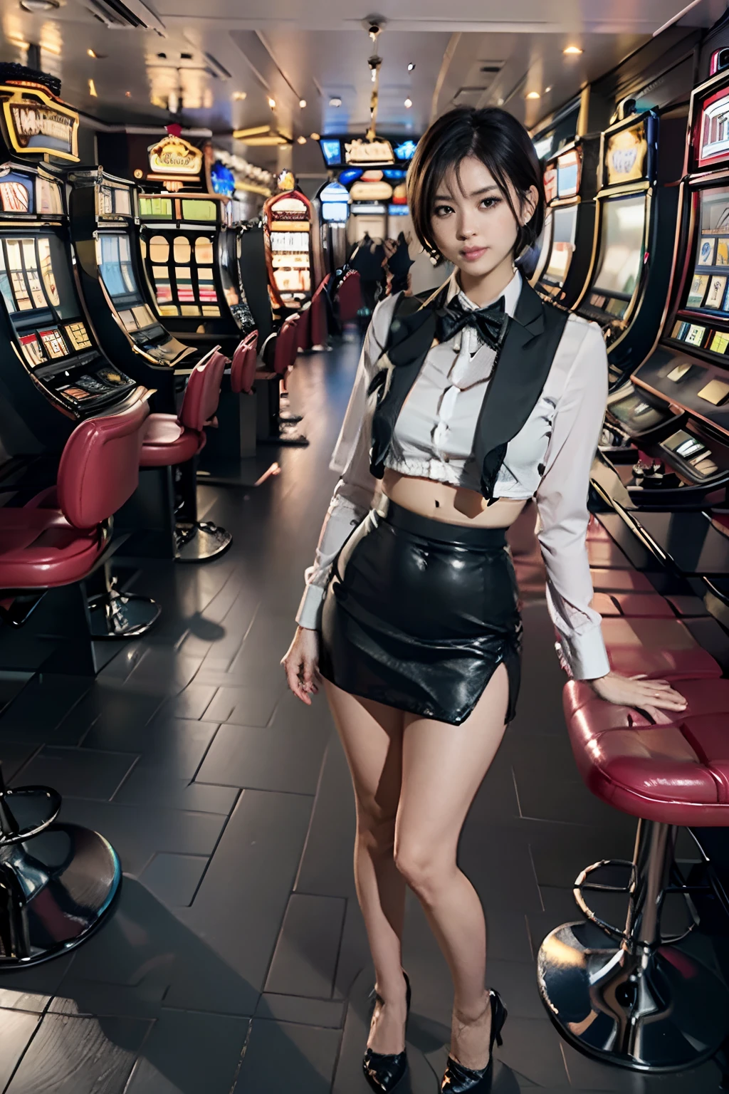 (Highest quality), Realistic, (live-action, Intricate details), ((Japanese female college student squatting at the casino, Place your arms between your legs)), ((Playboy Bunny, Bunny ears, black Bunny ears, fake Bunny ears, pantyhose, black pantyhose, bow tie, Wrist cuff, Black leotard)), ((:1.4)), (Blonde long hair:1.3, Short bangs), (neat face, Part your lips), Whiter skin, hard lighting:1.3, Roulette table, Slot Machines, Full Body Shot,From behind,Buckshot,Stick your butt out,Ass Focus,Sadistic smile,Fishnet tights