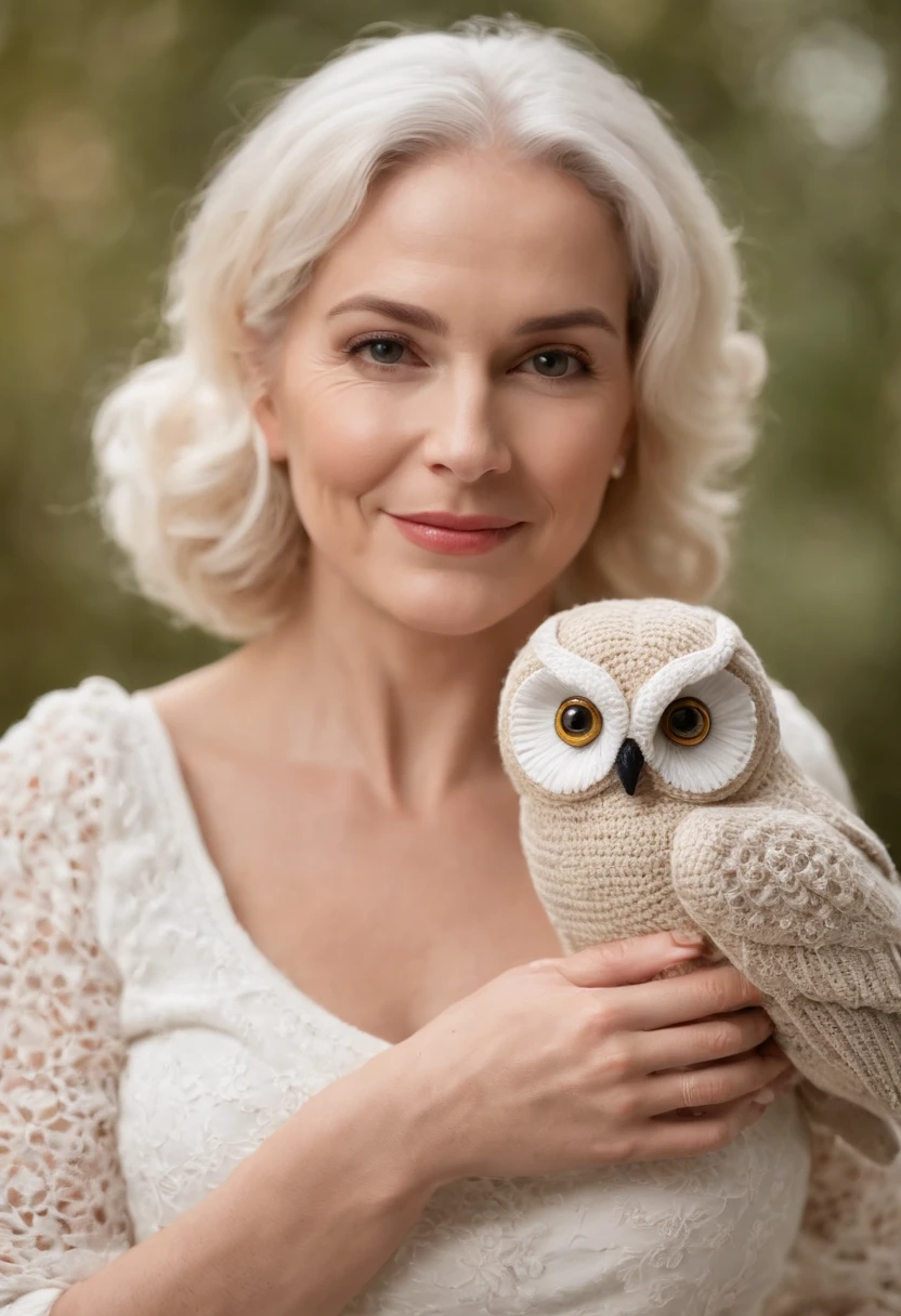 (((I'm doing a photo shoot))) Mulheres em torno de 60 anos de idade, cabelos brancos naturais, esguio e elegante, Beautiful, Ultra sharp focus, Imagens realistas, s corpo inteiro, Low angle Create a captivating description of a lady over 60 sitting on the sofa, lovingly holding a large, beautiful crochet owl that she made herself. Highlight the expression of joy and accomplishment on the lady's face