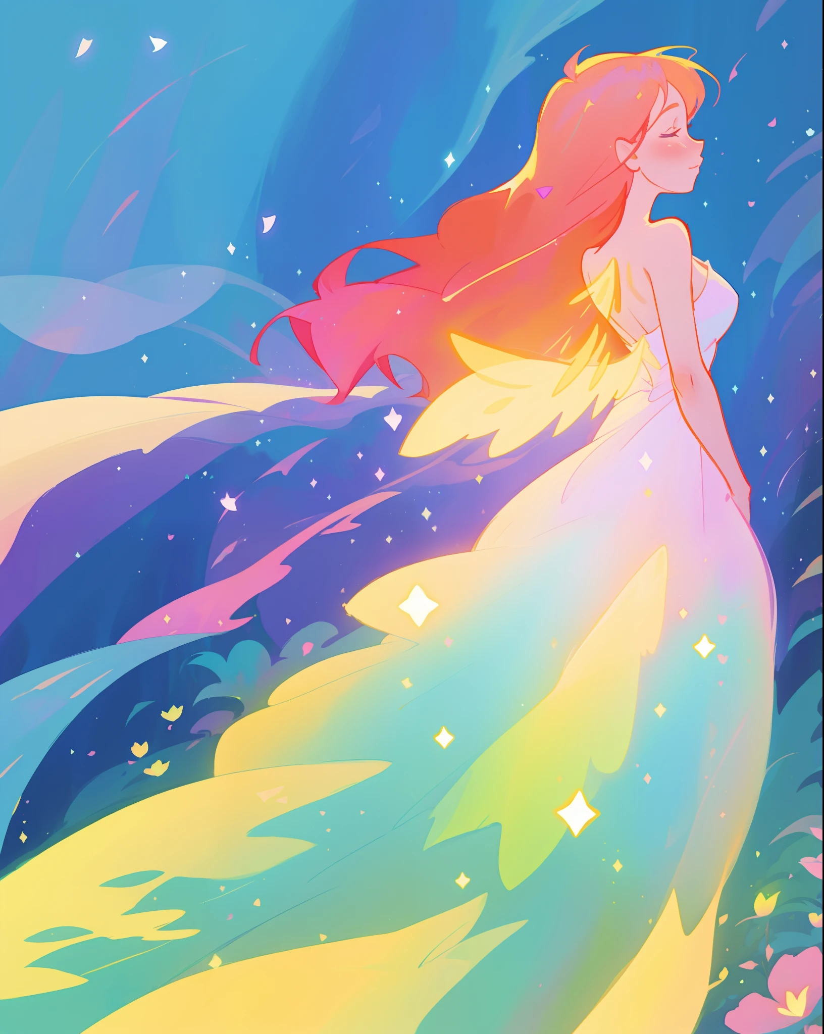 beautiful fairy girl in flowing colorful dress, ((large sparkling fairy wings coming from her back)), fairy dress, fairy queen, magical colorful otherworldly landscape, (glowing fairy wings), glowing flowing ballgown, long hair, sparkling fairy wings, watercolor illustration, flowers and colorful plants, inspired by Glen Keane, inspired by Lois van Baarle, disney art style, by Lois van Baarle, glowing aura around her, by Glen Keane, jen bartel, glowing lights! digital painting, flowing glowing hair, glowing flowing hair, beautiful digital illustration, fantasia otherworldly landscape plants flowers, beautiful, masterpiece, best quality, anime disney style