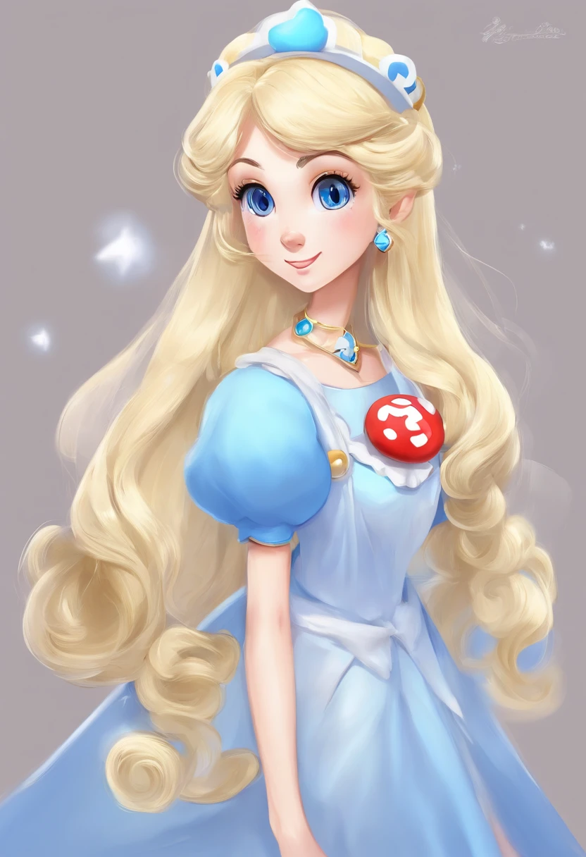 Une fille de 18 ans, Straight hair very long blonde, yeux bleu claire, Robe blanche, looks like a ghost, porte une petite couronne, style super Mario