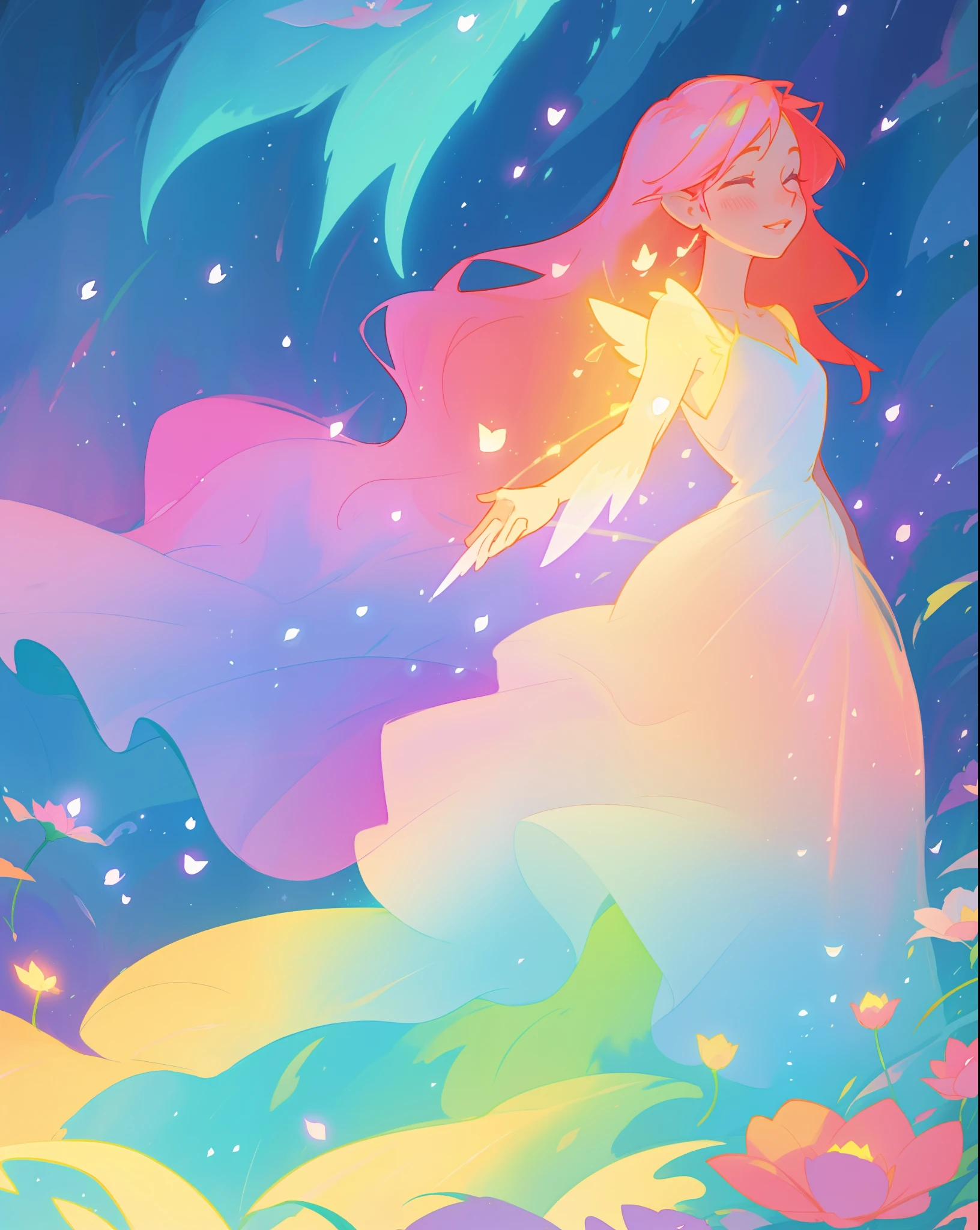 beautiful fairy girl in flowing colorful dress, fairy dress, fairy queen, magical colorful otherworldly landscape, (glowing fairy wings), glowing flowing ballgown, long hair, sparkling fairy wings, watercolor illustration, flowers and colorful plants, inspired by Glen Keane, inspired by Lois van Baarle, disney art style, by Lois van Baarle, glowing aura around her, by Glen Keane, jen bartel, glowing lights! digital painting, flowing glowing hair, glowing flowing hair, beautiful digital illustration, fantasia otherworldly landscape plants flowers, beautiful, masterpiece, best quality, anime disney style