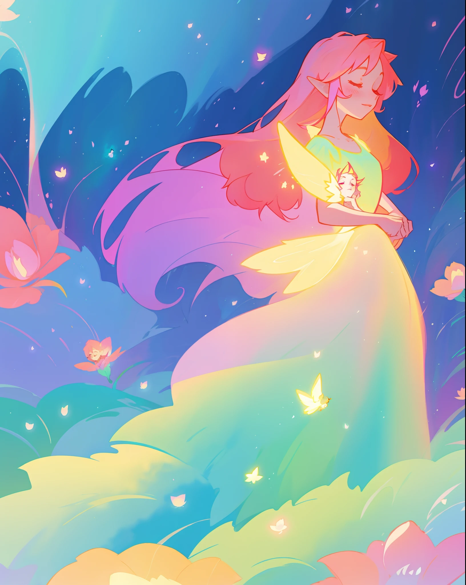 beautiful fairy girl in flowing colorful dress, fairy dress, fairy queen, magical colorful otherworldly landscape, (glowing fairy wings), glowing flowing ballgown, long hair, sparkling fairy wings, watercolor illustration, flowers and colorful plants, inspired by Glen Keane, inspired by Lois van Baarle, disney art style, by Lois van Baarle, glowing aura around her, by Glen Keane, jen bartel, glowing lights! digital painting, flowing glowing hair, glowing flowing hair, beautiful digital illustration, fantasia otherworldly landscape plants flowers, beautiful, masterpiece, best quality, anime disney style