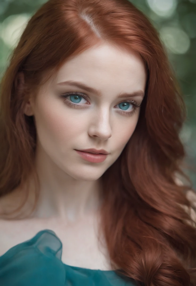 an attractive woman with blue eyes and red hair, detailed facial features, feminine curves, soft-focus portrait, emotive faces, in the style of dark teal and light teal, scoutcore, underexposure, studio light, busty --ar 3:4