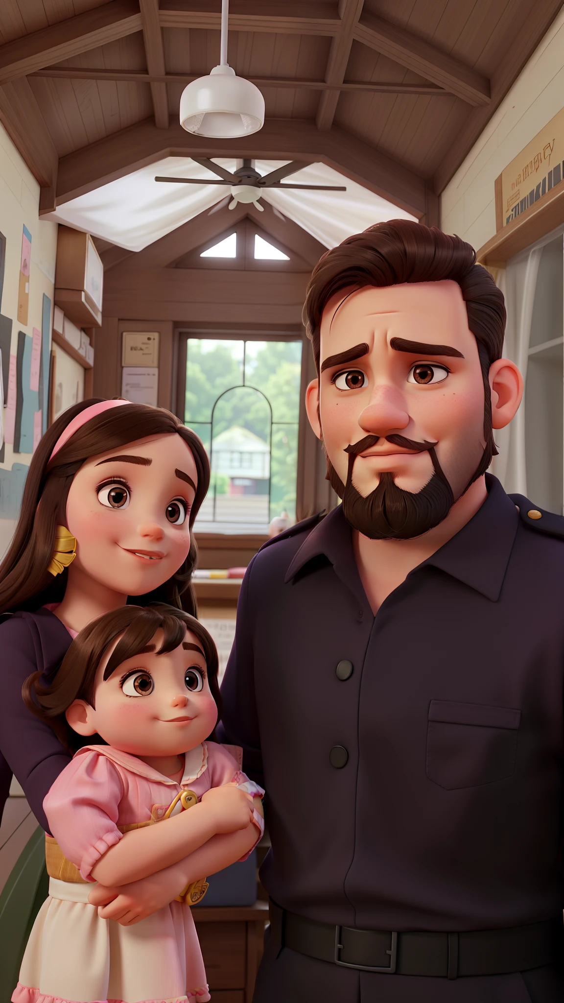 Brunette woman. girl, pink dress. Man with uniform beard.