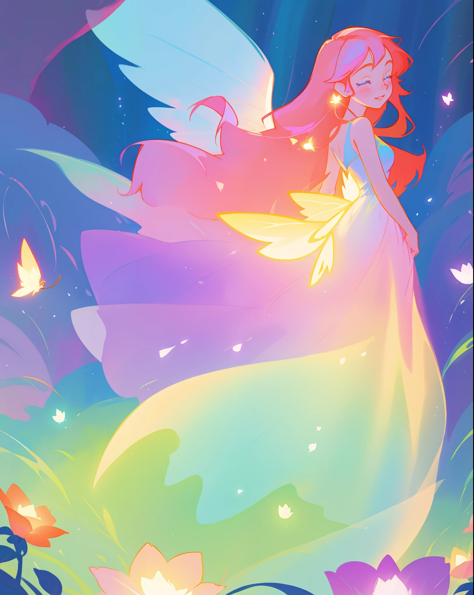 beautiful fairy girl in flowing colorful dress, fairy dress, fairy queen, magical colorful otherworldly landscape, (glowing fairy wings), glowing flowing ballgown, long hair, sparkling fairy wings, watercolor illustration, flowers and colorful plants, inspired by Glen Keane, inspired by Lois van Baarle, disney art style, by Lois van Baarle, glowing aura around her, by Glen Keane, jen bartel, glowing lights! digital painting, flowing glowing hair, glowing flowing hair, beautiful digital illustration, fantasia otherworldly landscape plants flowers, beautiful, masterpiece, best quality, anime disney style