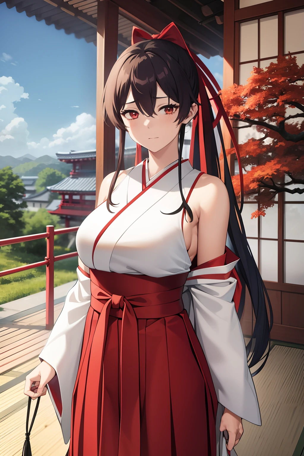 1girl, bangs, bare_shoulders, blue_sky, breasts, brown_eyes, cloud, cloudy_sky, day, detached_sleeves, fence, hair_between_eyes, hair_ribbon, hakama, hakama_skirt, japanese_clothes, kimono, large_breasts, long_hair, looking_at_viewer, obi, railing, red_hakama, red_ribbon, ribbon, sash, shouji, sky, sliding_doors, solo, tree, veranda, white_kimono
((best quality)), ((masterpiece)), (detailed), Sagirin