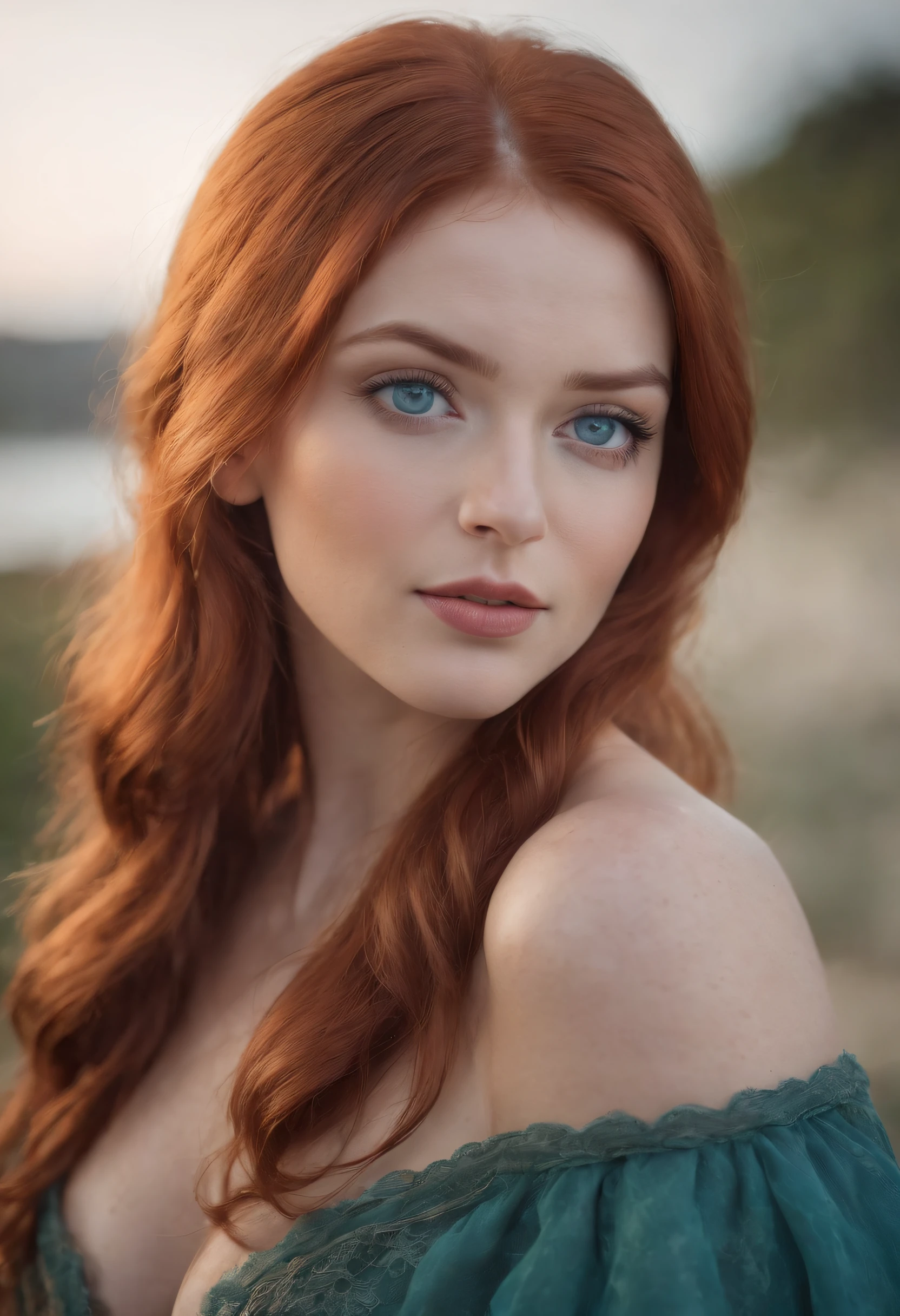 an attractive woman with blue eyes and red hair, detailed facial features, feminine curves, soft-focus portrait, emotive faces, in the style of dark teal and light teal, scoutcore, underexposure, studio light, busty --ar 3:4