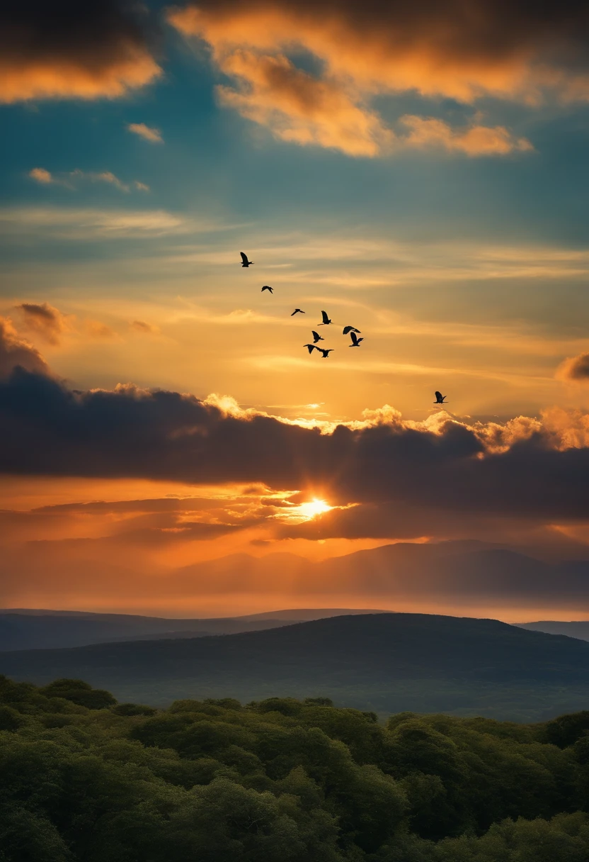 create blue sky with birds flying with sun